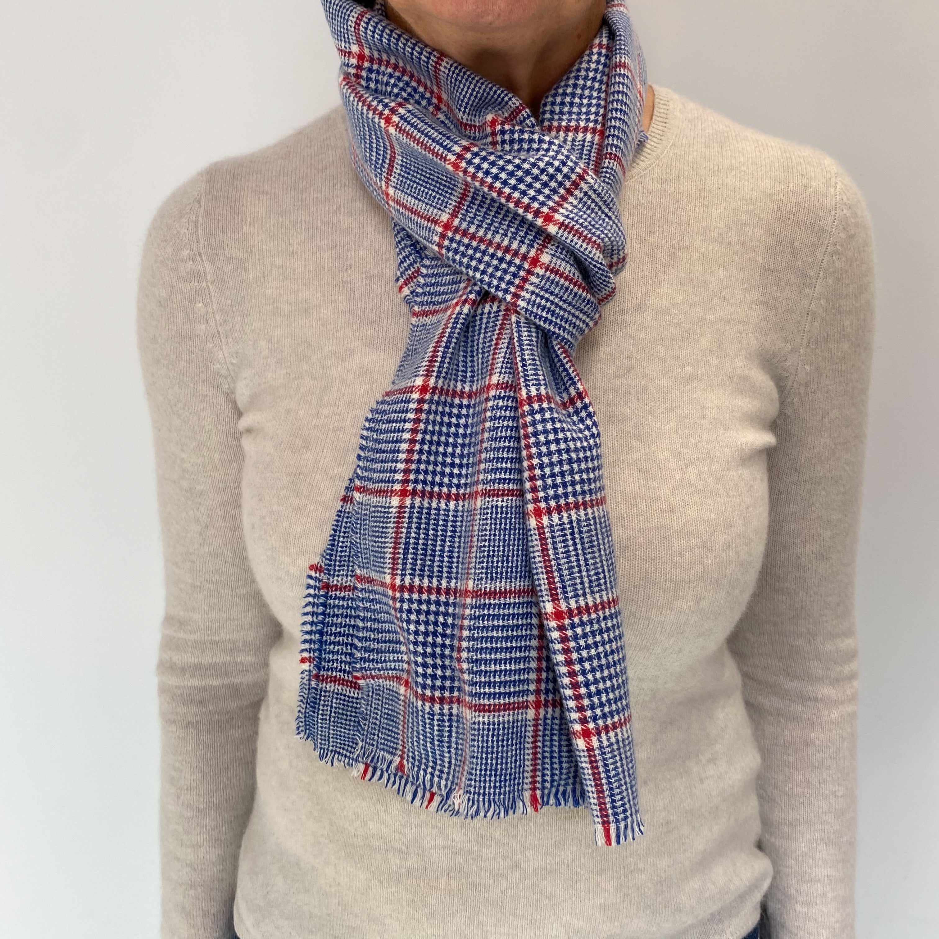 Pringle Blue Checked Cashmere Tasseled Woven Scarf