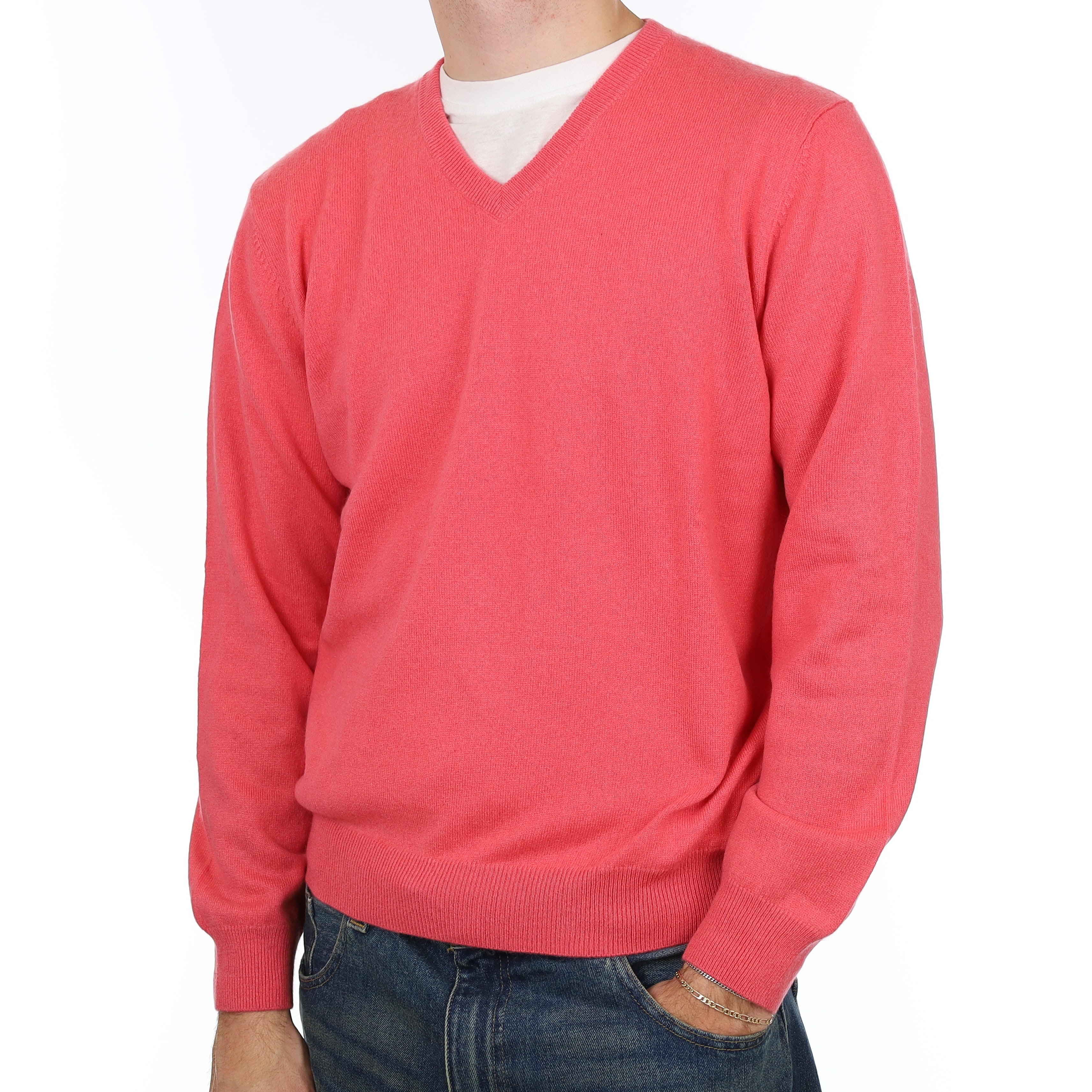 Men’s Watermelon Pink Cashmere V Neck Jumper Large
