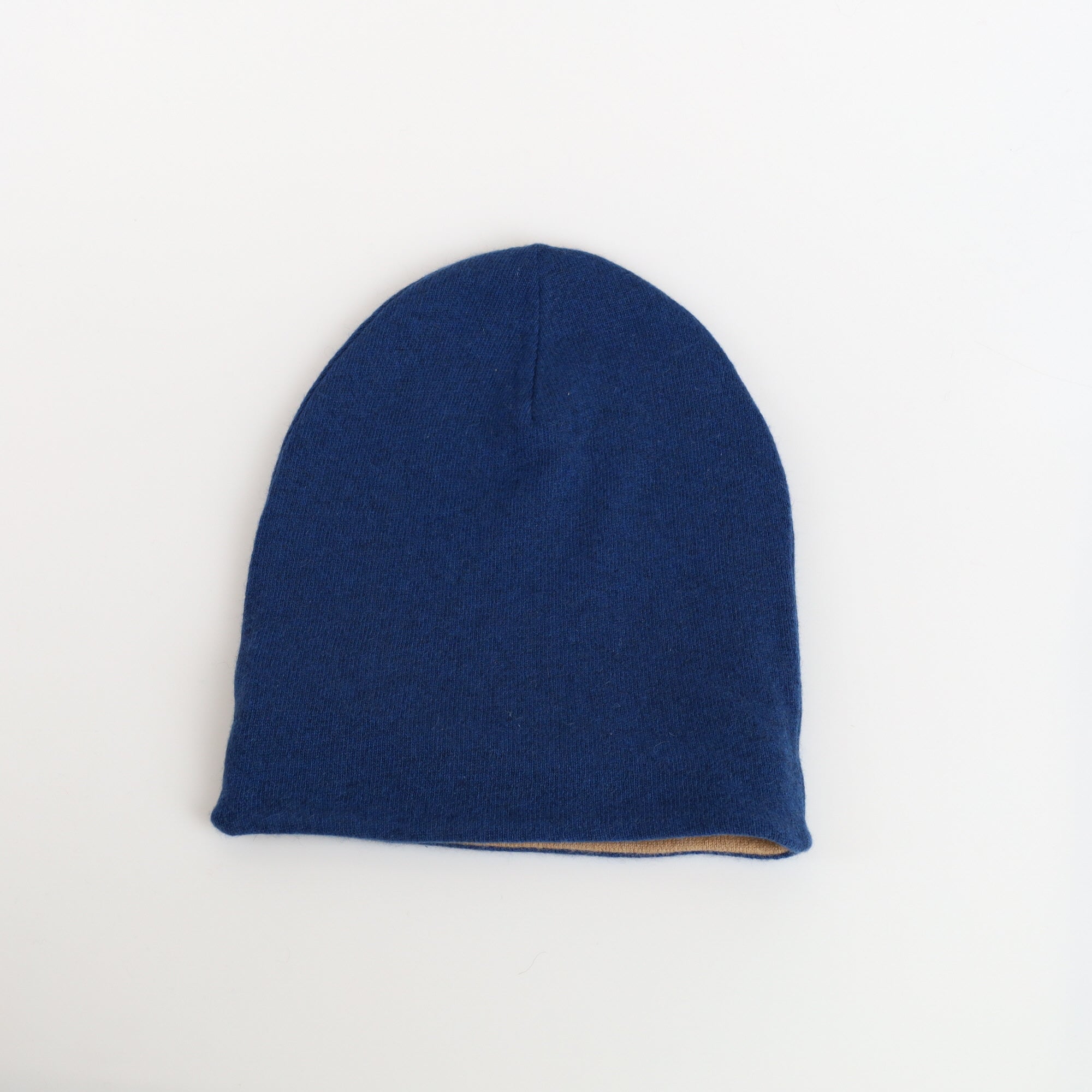 Denim Blue and Camel Cashmere Beanie Hat