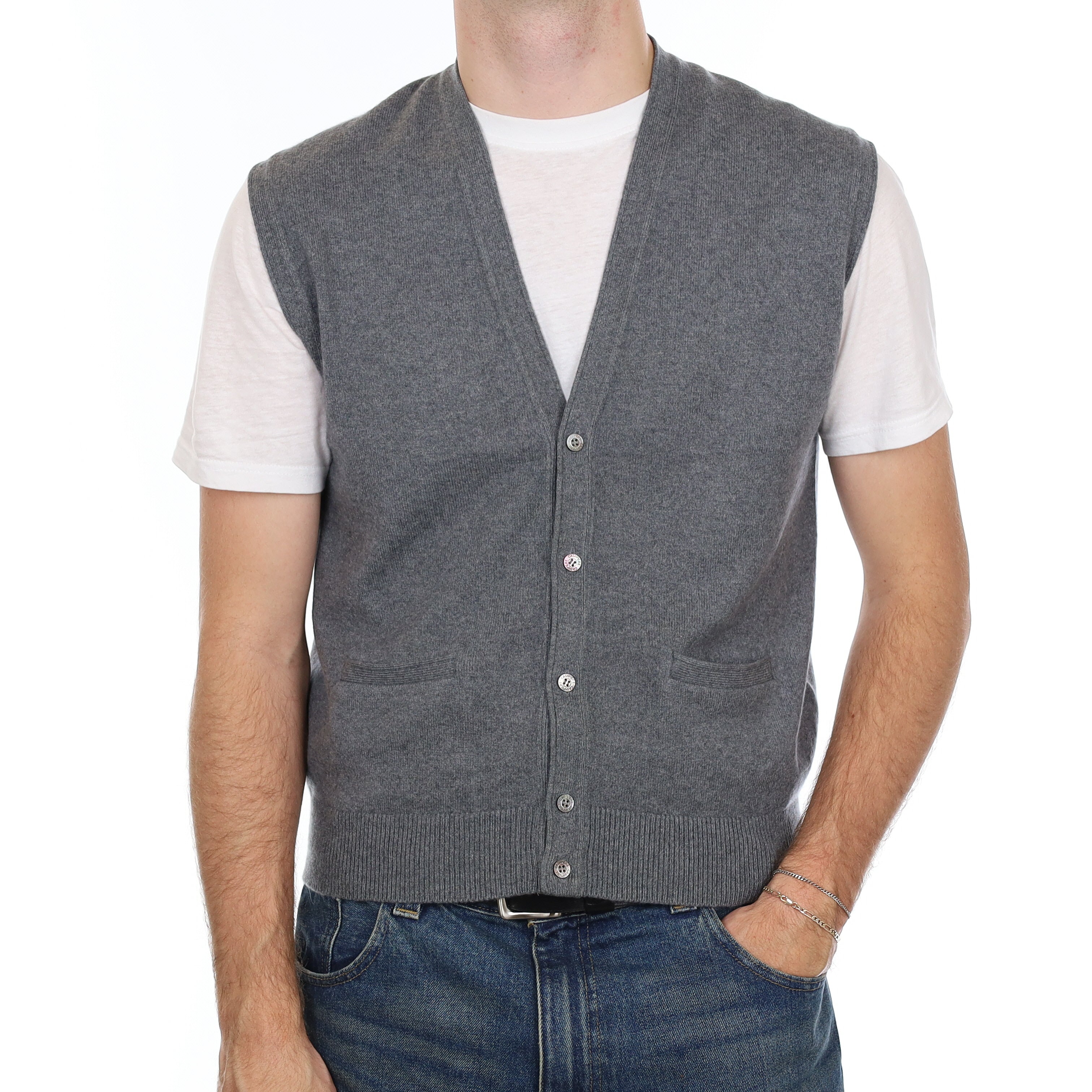 Men’s Ash Grey Cashmere V Neck Waistcoat with Pockets Medium