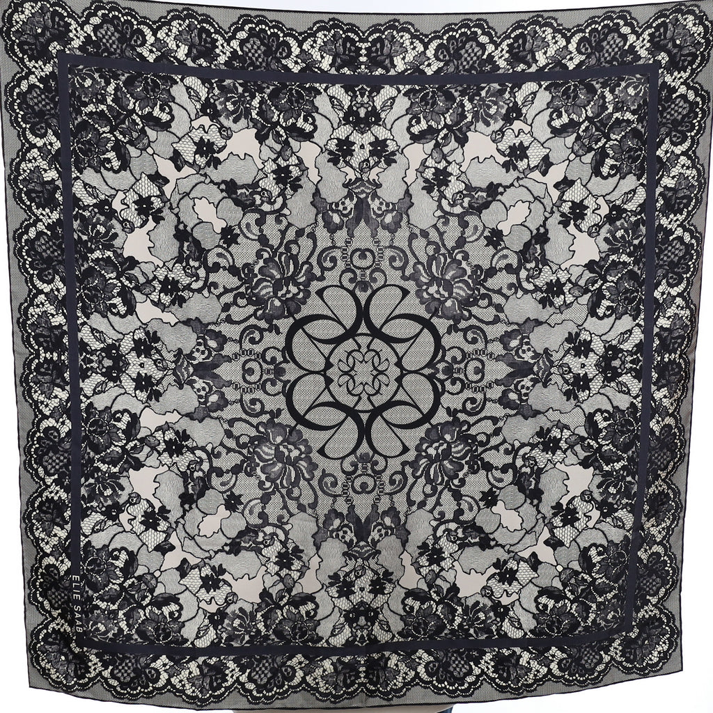 Elie Saab Black Lace Pattern Silk Scarf