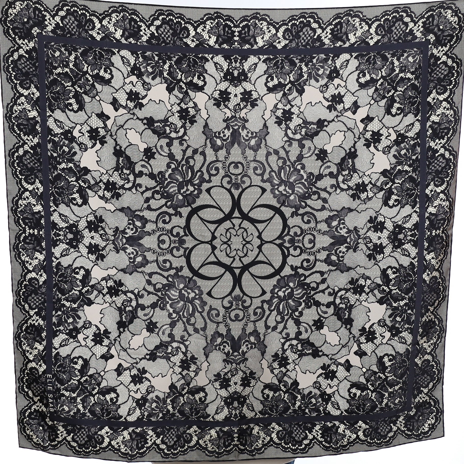 Elie Saab Black Lace Pattern Silk Scarf