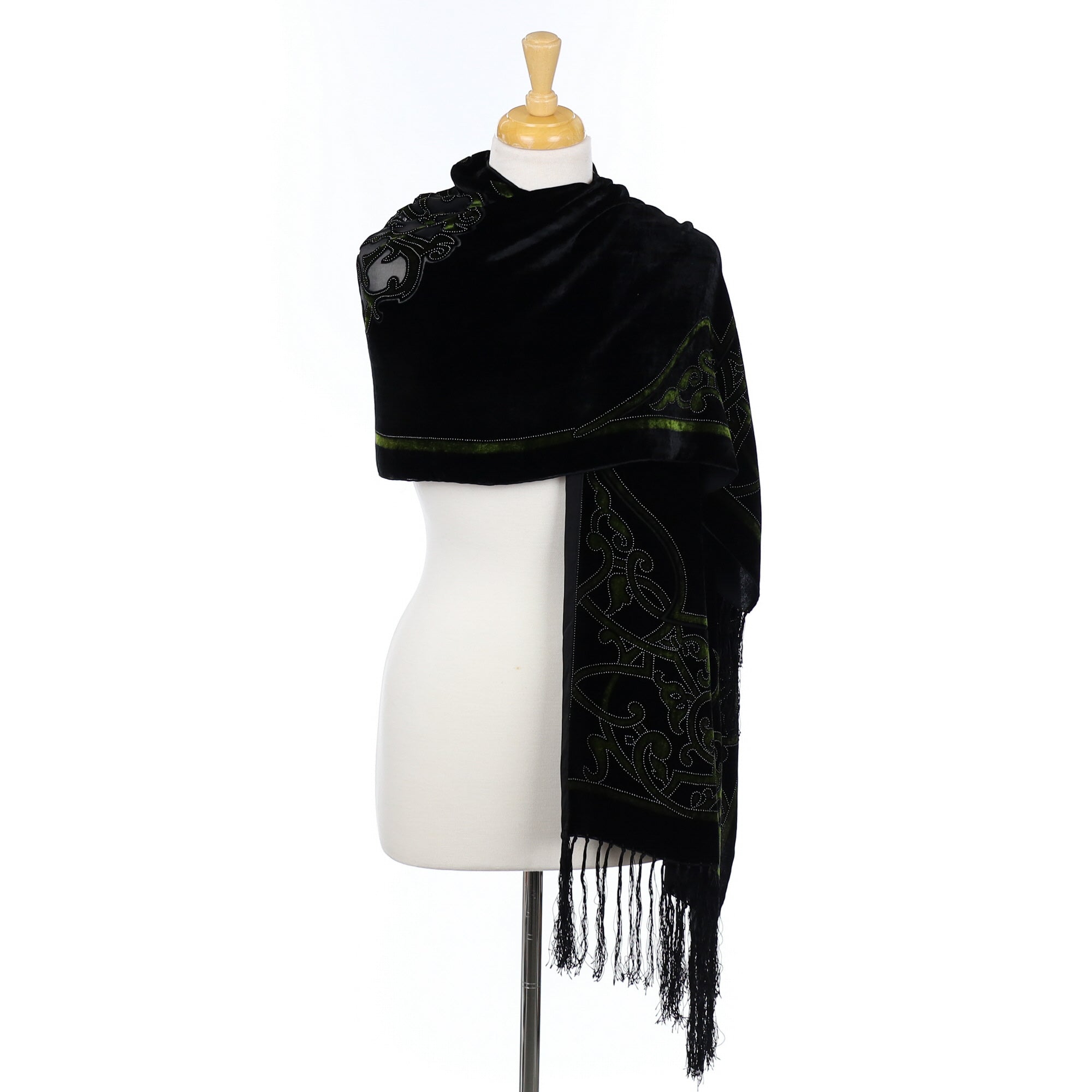 Black and Dark Green Velvet Silk Scarf