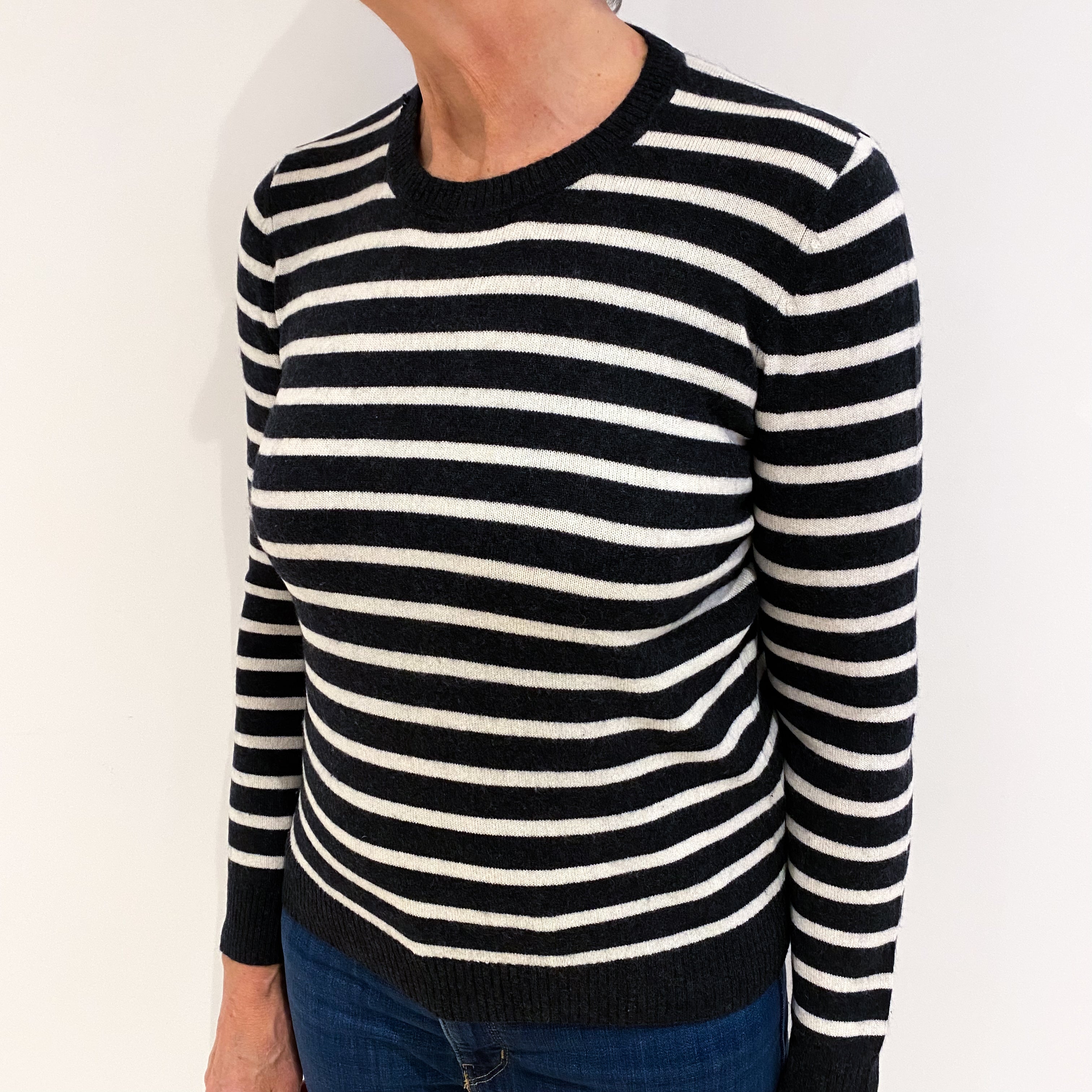 Charcoal and Winter White Stripe Cashmere Crew Neck Jumper Medium