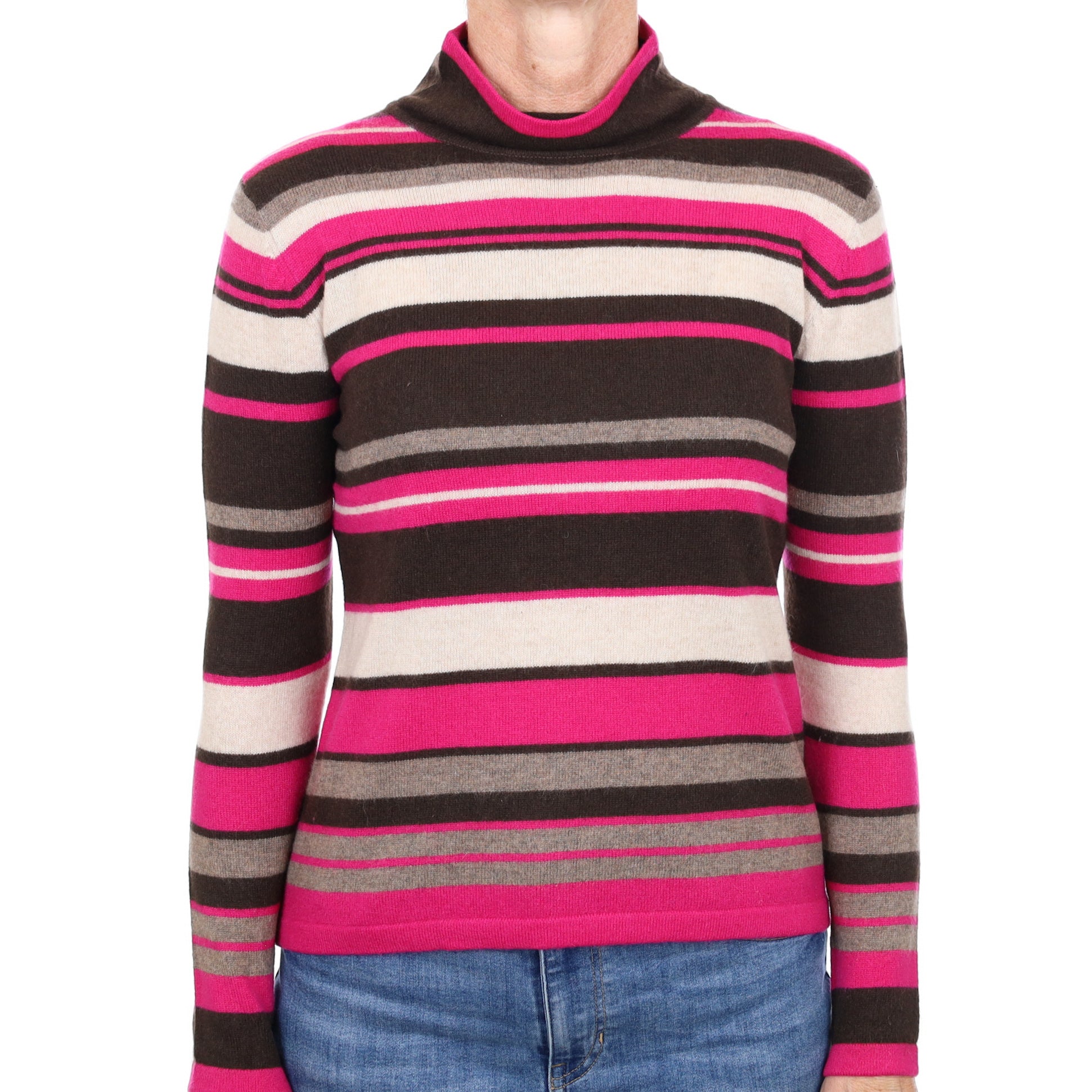 Dark Chocolate and Fuchsia Striped Cashmere Funnel Neck Jumper Small
