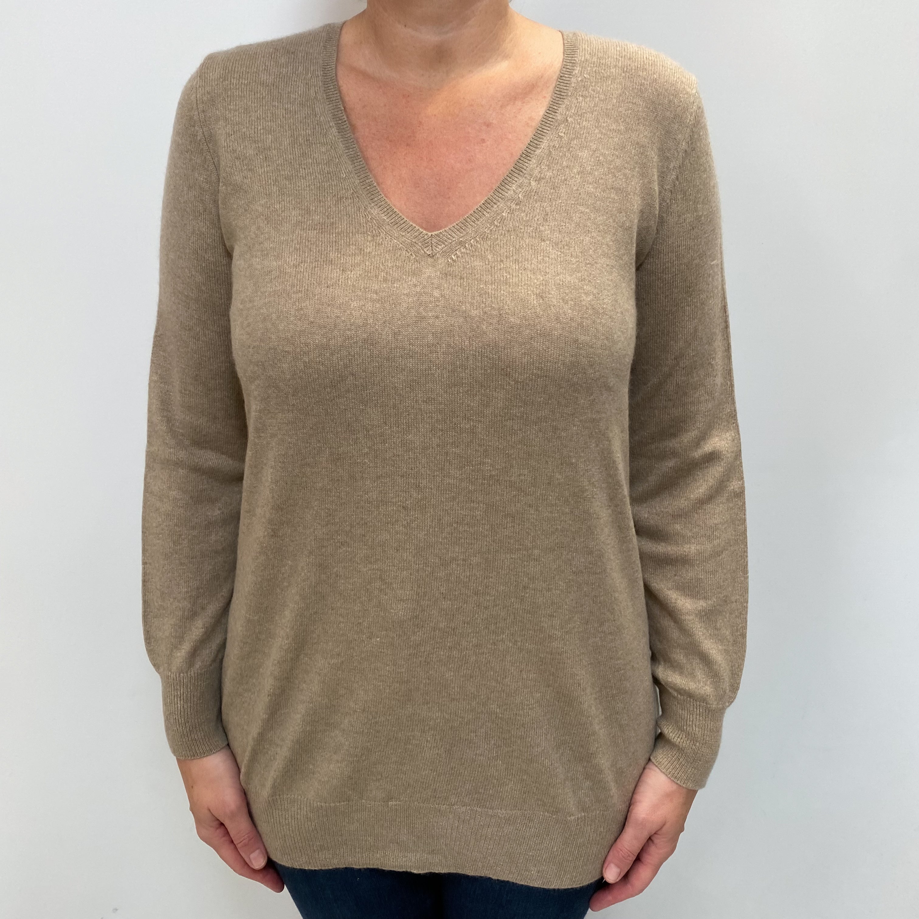 Mink Brown Cashmere V Neck Jumper Large