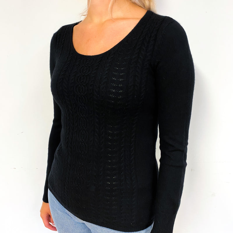 Black Cable Front Cashmere Crew Neck Jumper Small
