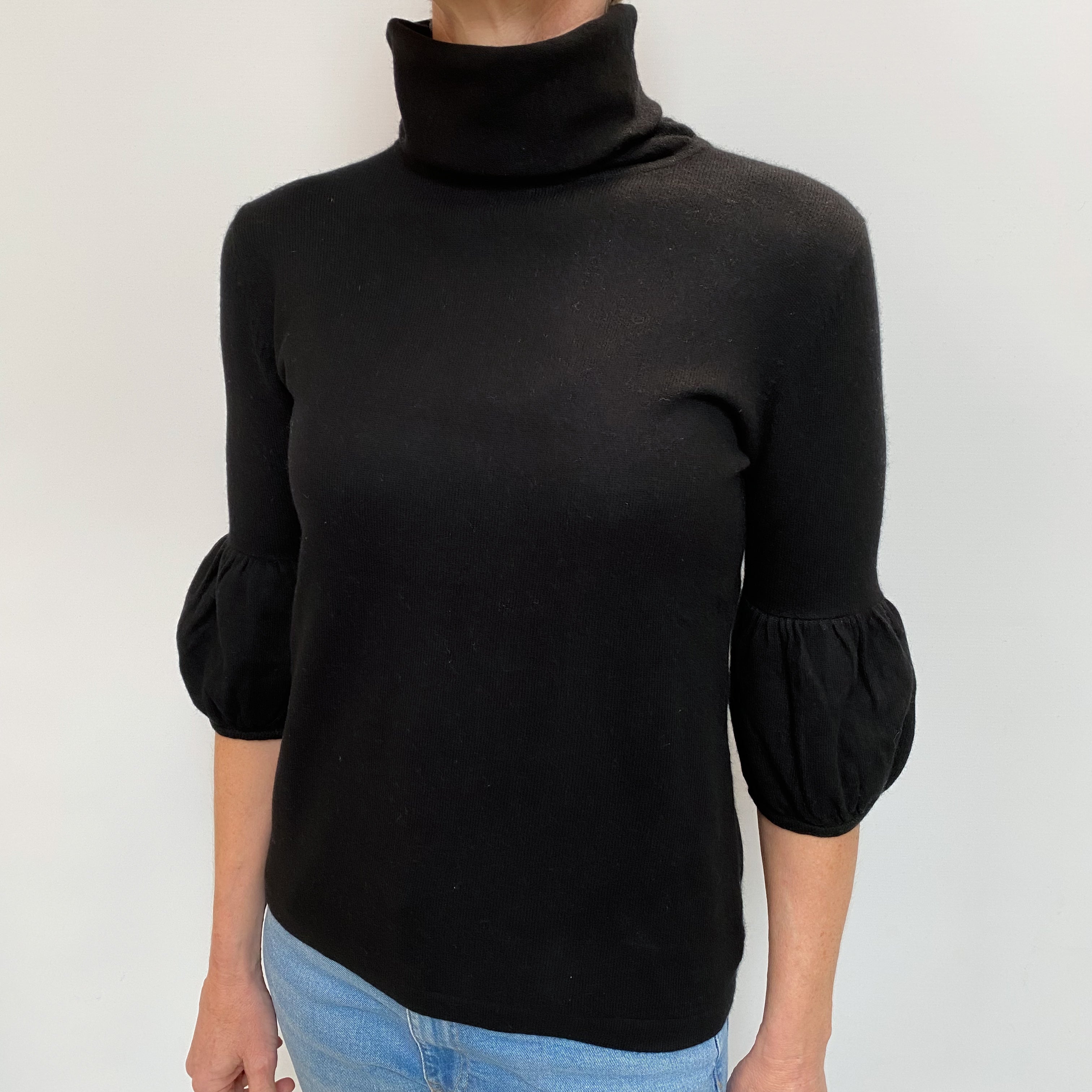 Black Cashmere Balloon Sleeve Polo Neck Jumper Small