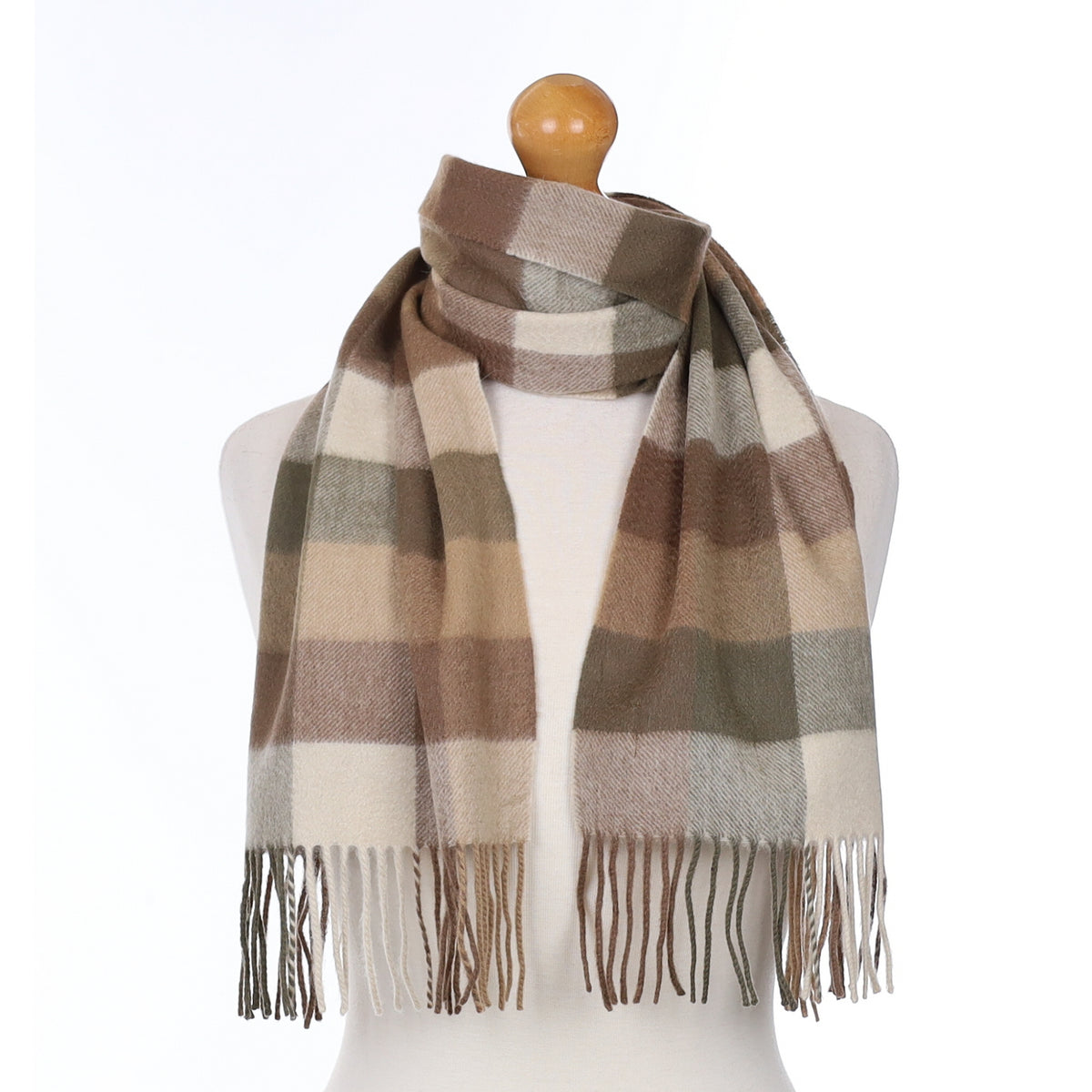 Taupe and Khaki Checked Cashmere Woven Scarf