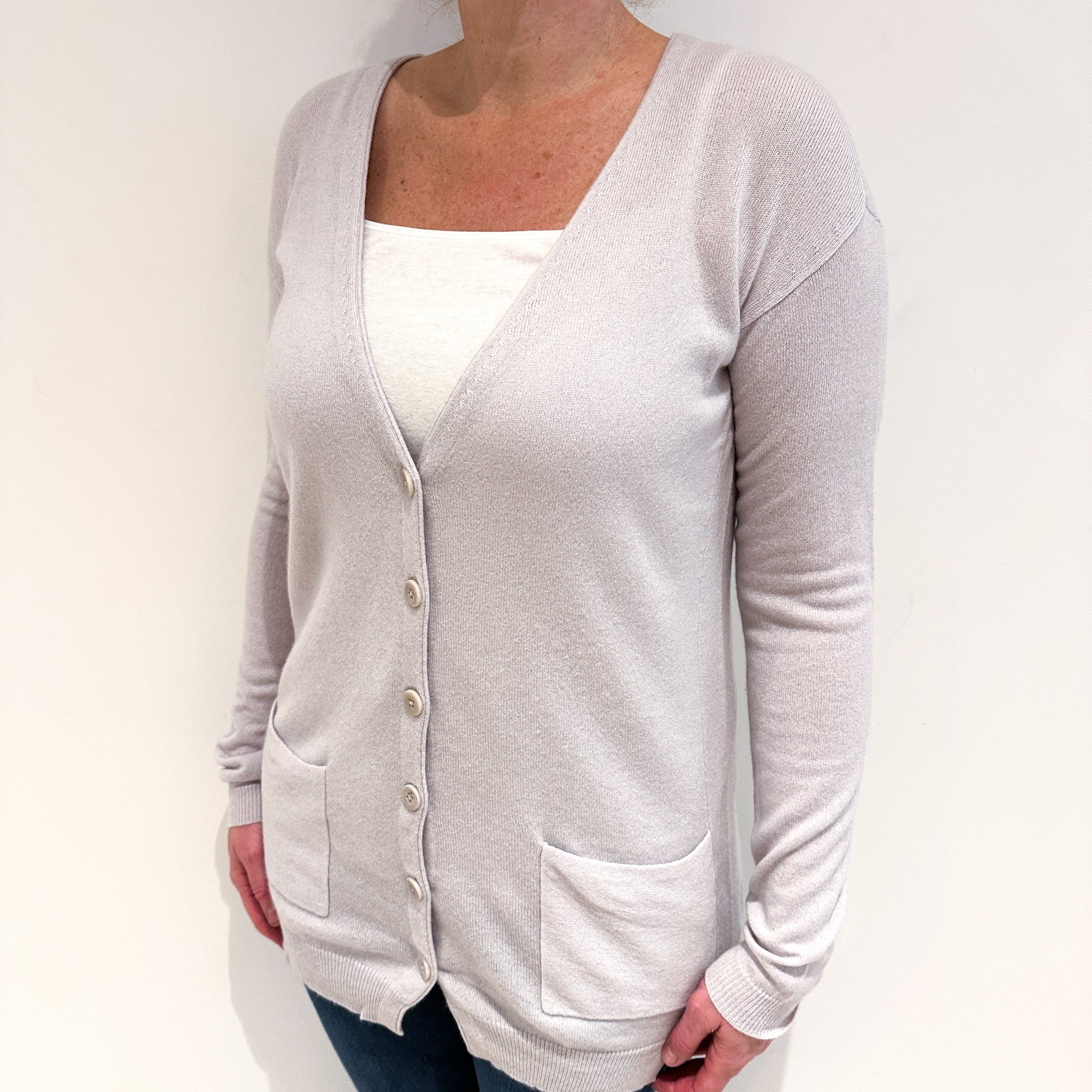 Palest Grey Cashmere V-Neck Cardigan Large