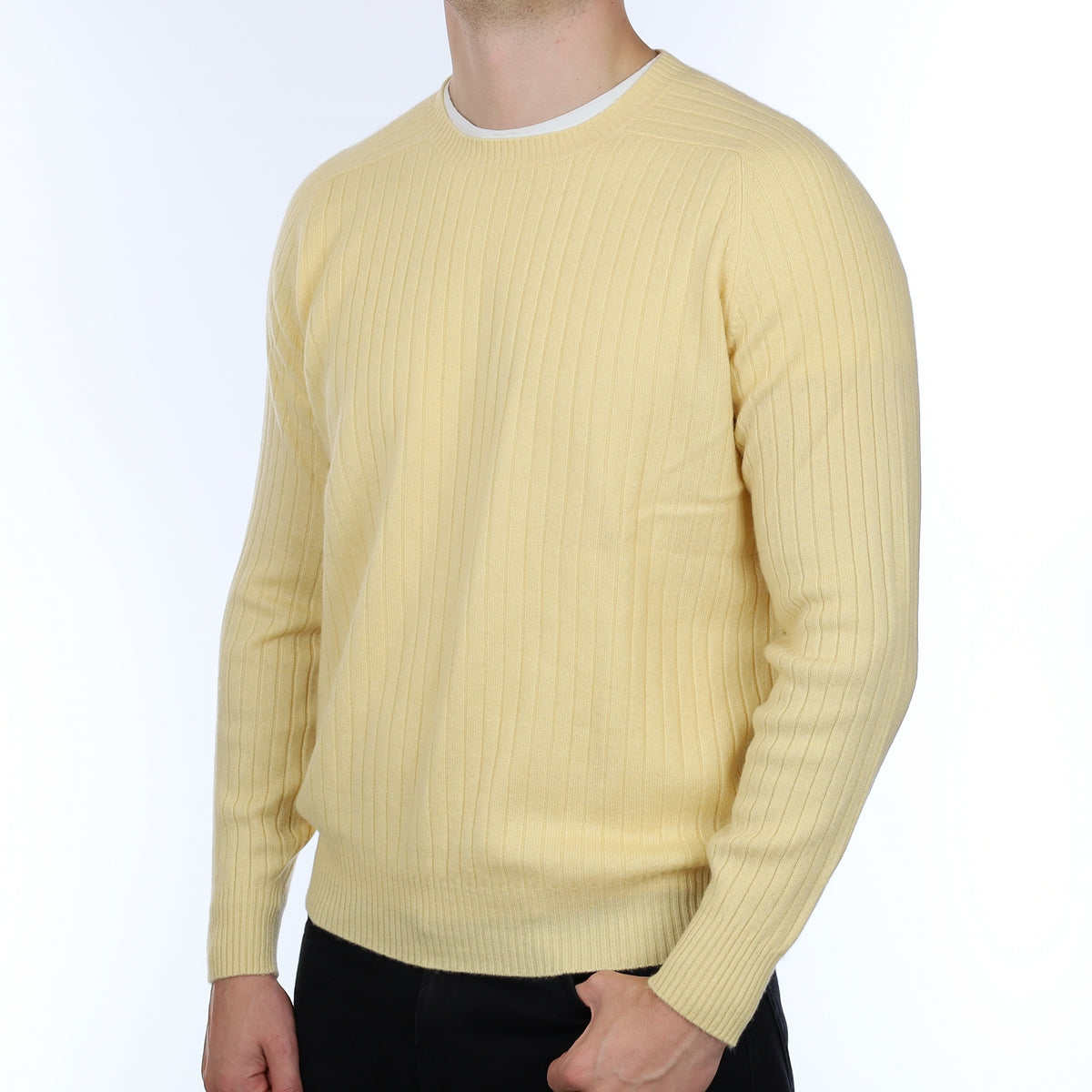 Men’s Custard Yellow Rib Cashmere Crew Neck Jumper XL