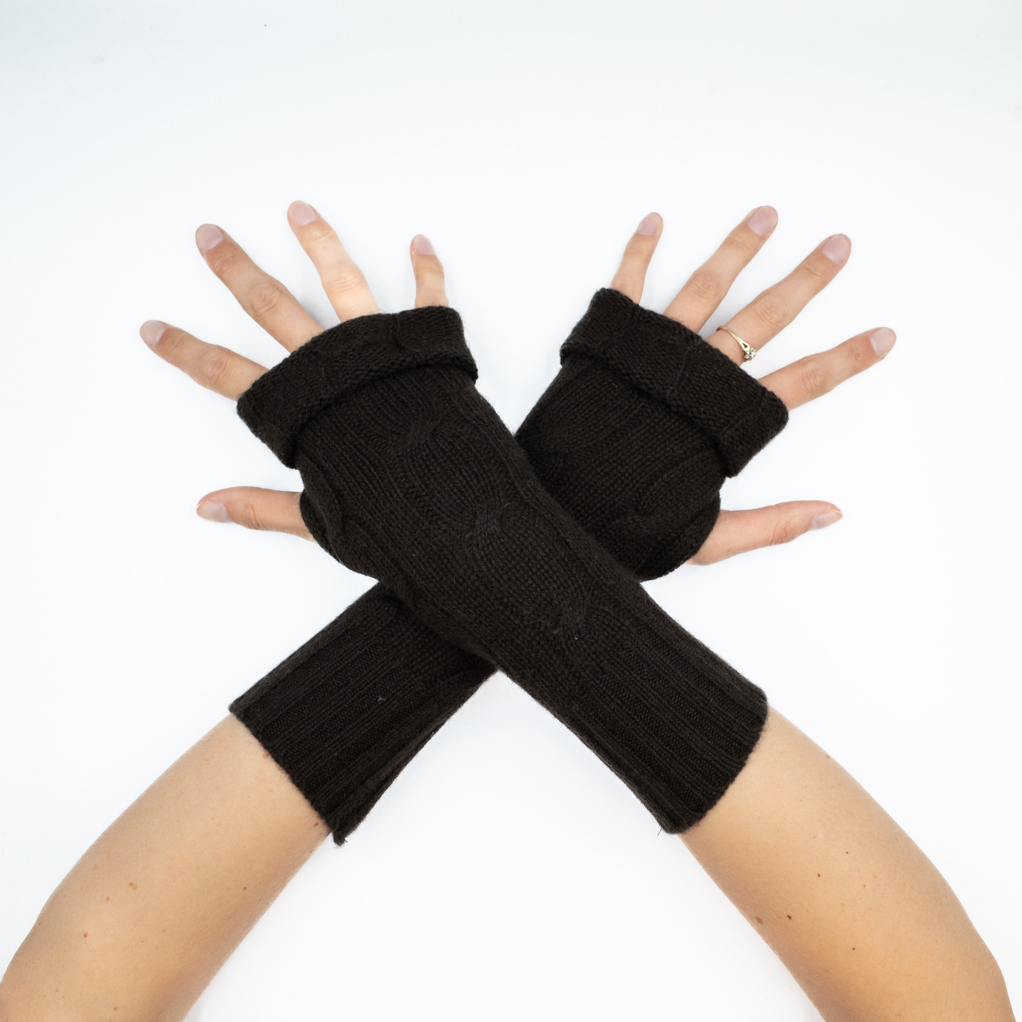 Dark Chocolate Brown Cable Fingerless Gloves