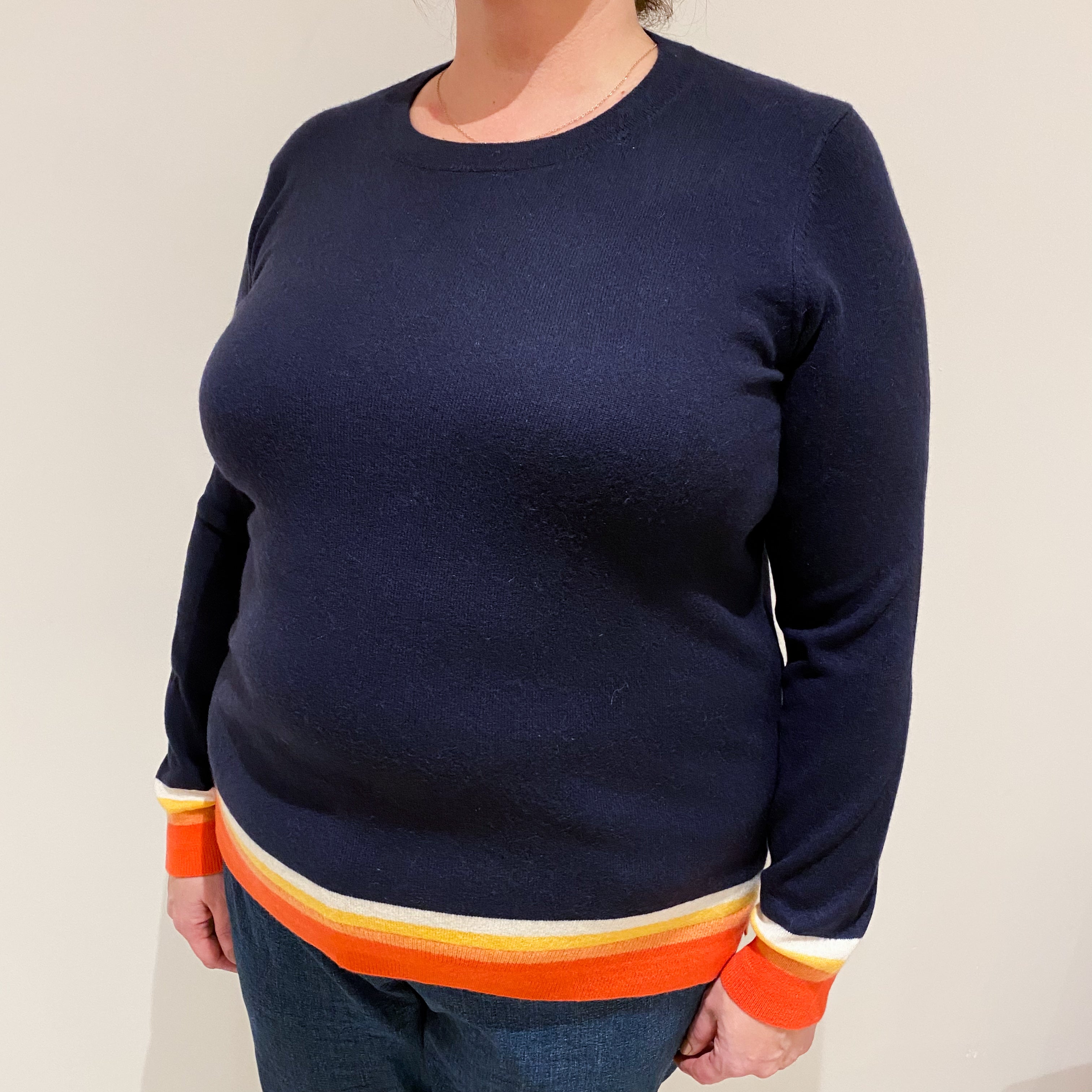 Navy Blue with Orange Trim Cashmere Crew Neck Jumper Extra Large