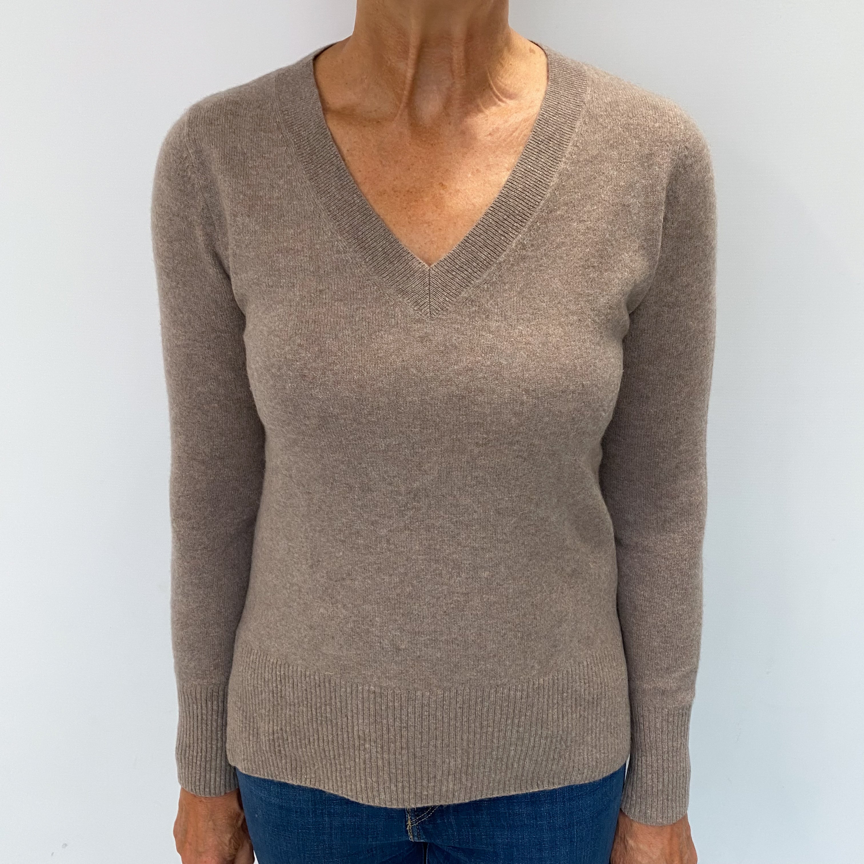 Taupe Brown Cashmere V Neck Jumper Medium