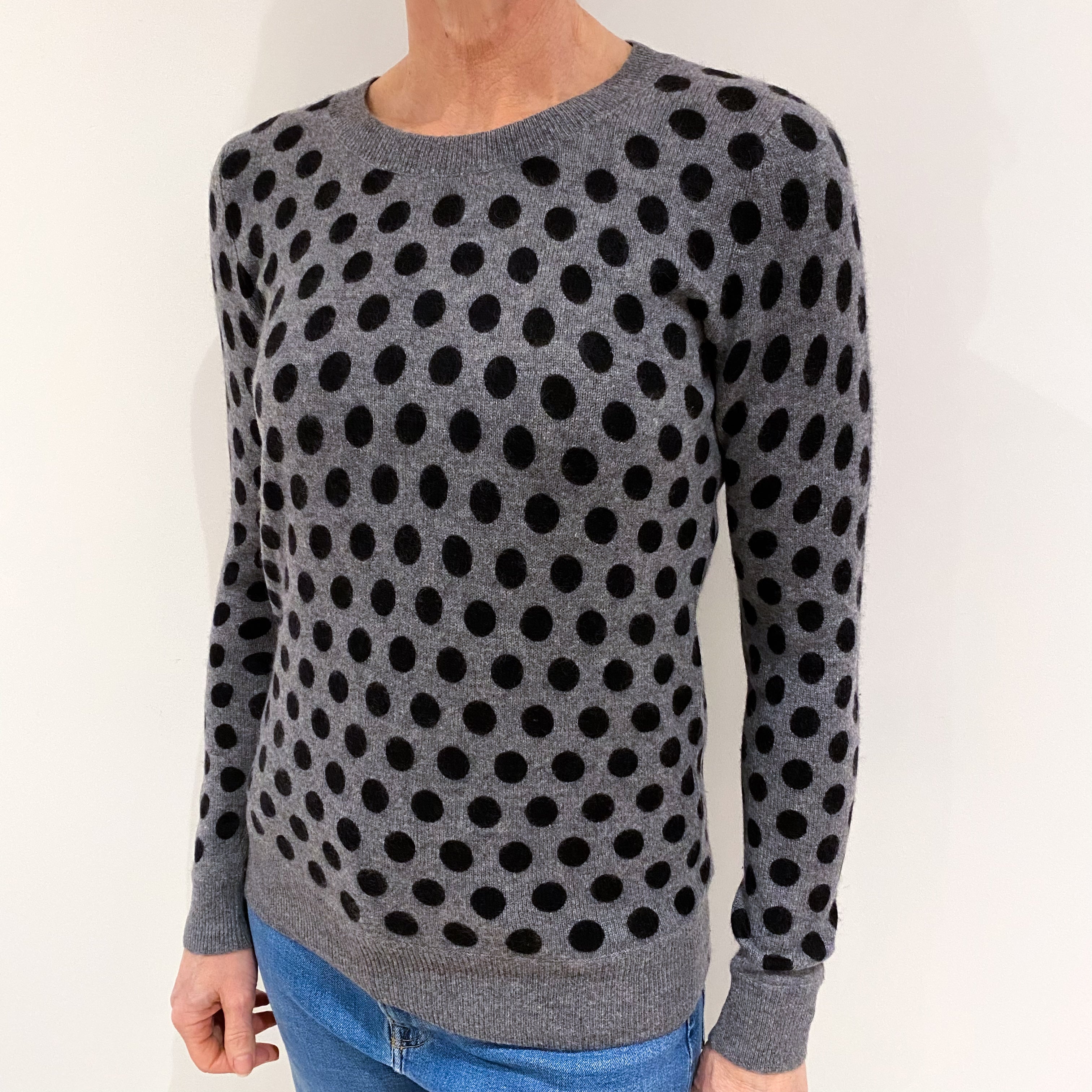 Steel Grey Polka Dot Cashmere Crew Neck Jumper Small