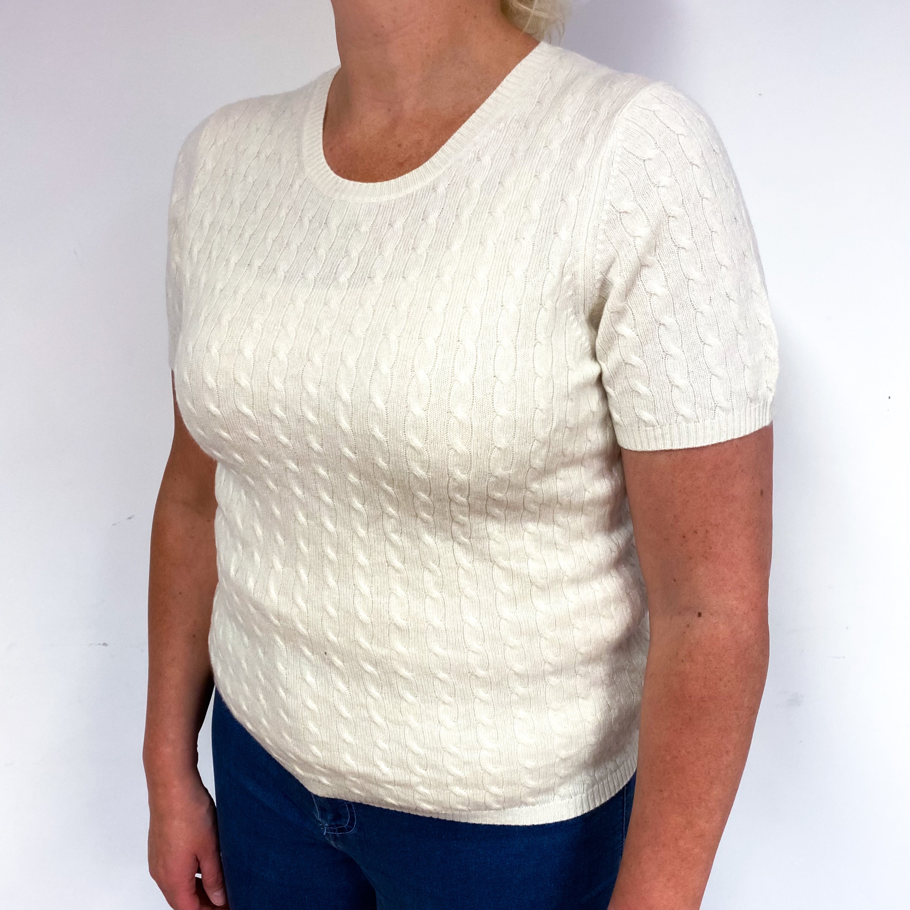 Cream Cable Short Sleeve Cashmere Crew Neck Jumper Large