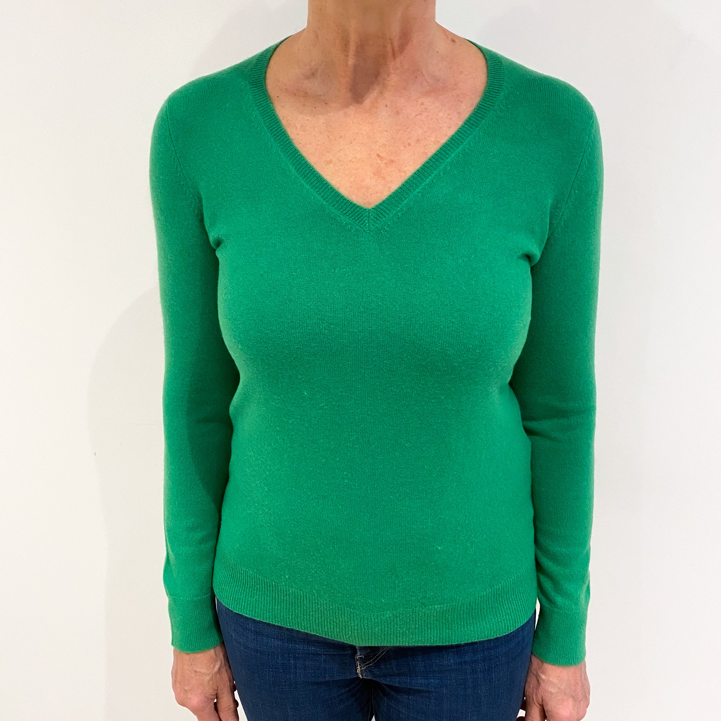 Parakeet Green Cashmere V Neck Jumper Medium