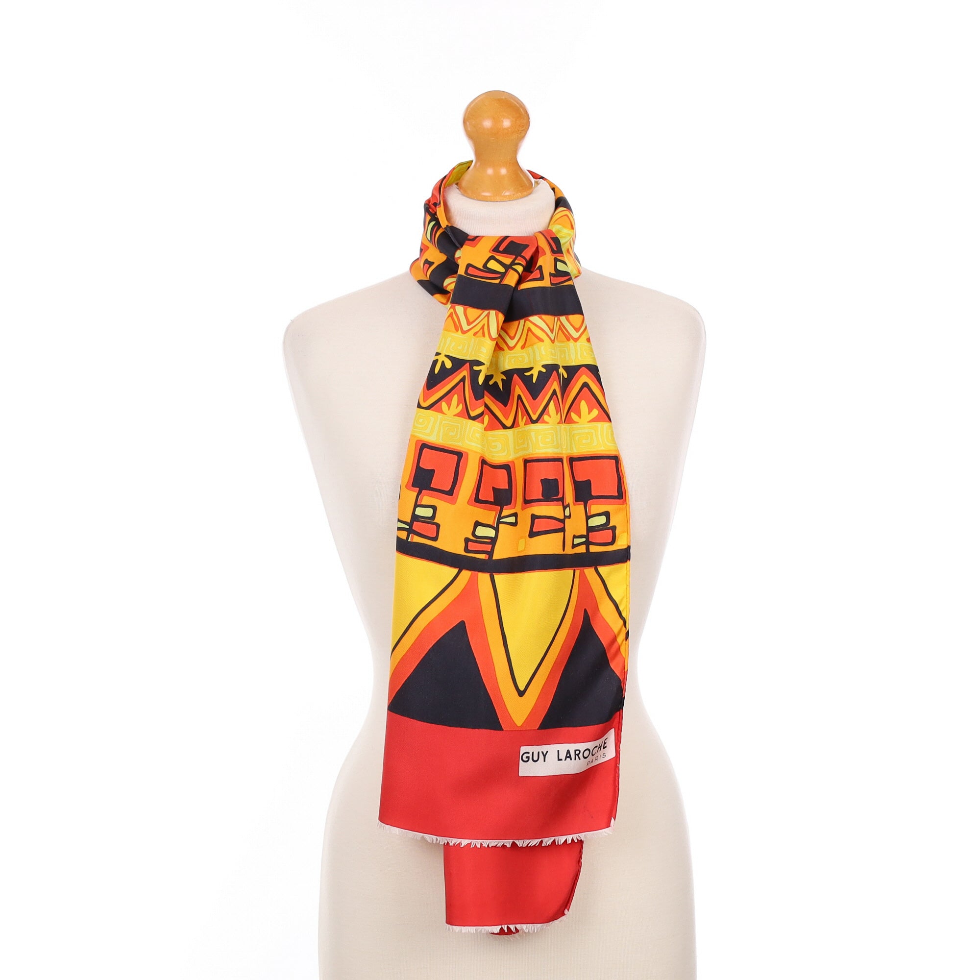 Guy Laroche Red and Yellow Patterned Vintage Silk Scarf