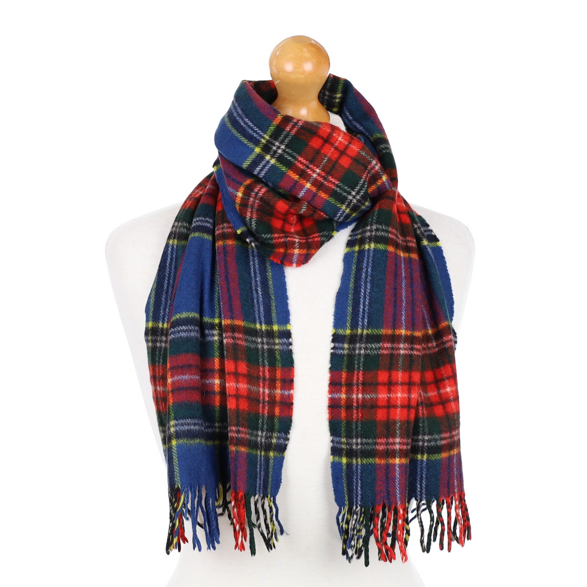 Red and Blue Tartan Fringed Cashmere Woven Scarf