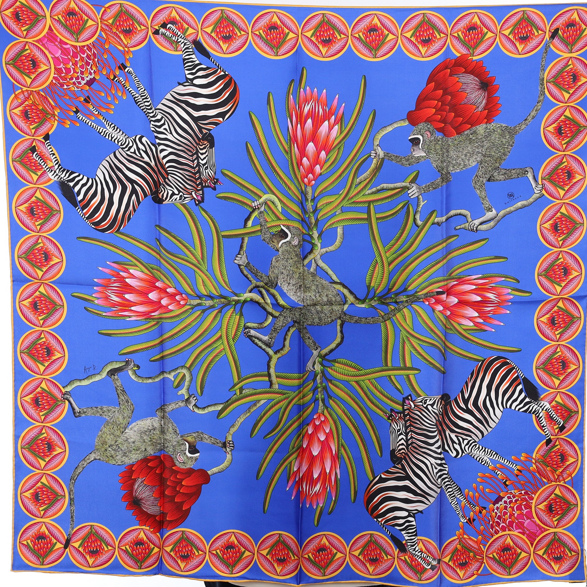 Brand New Bellezza Electric & Sky Blue Zebra Safari Double Faced Silk Scarf