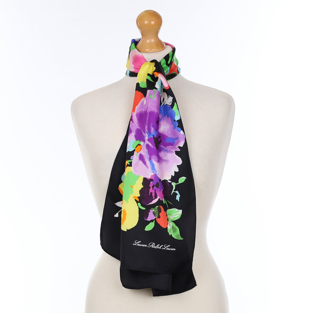 Lauren Ralph Lauren Black Floral Design Silk Scarf