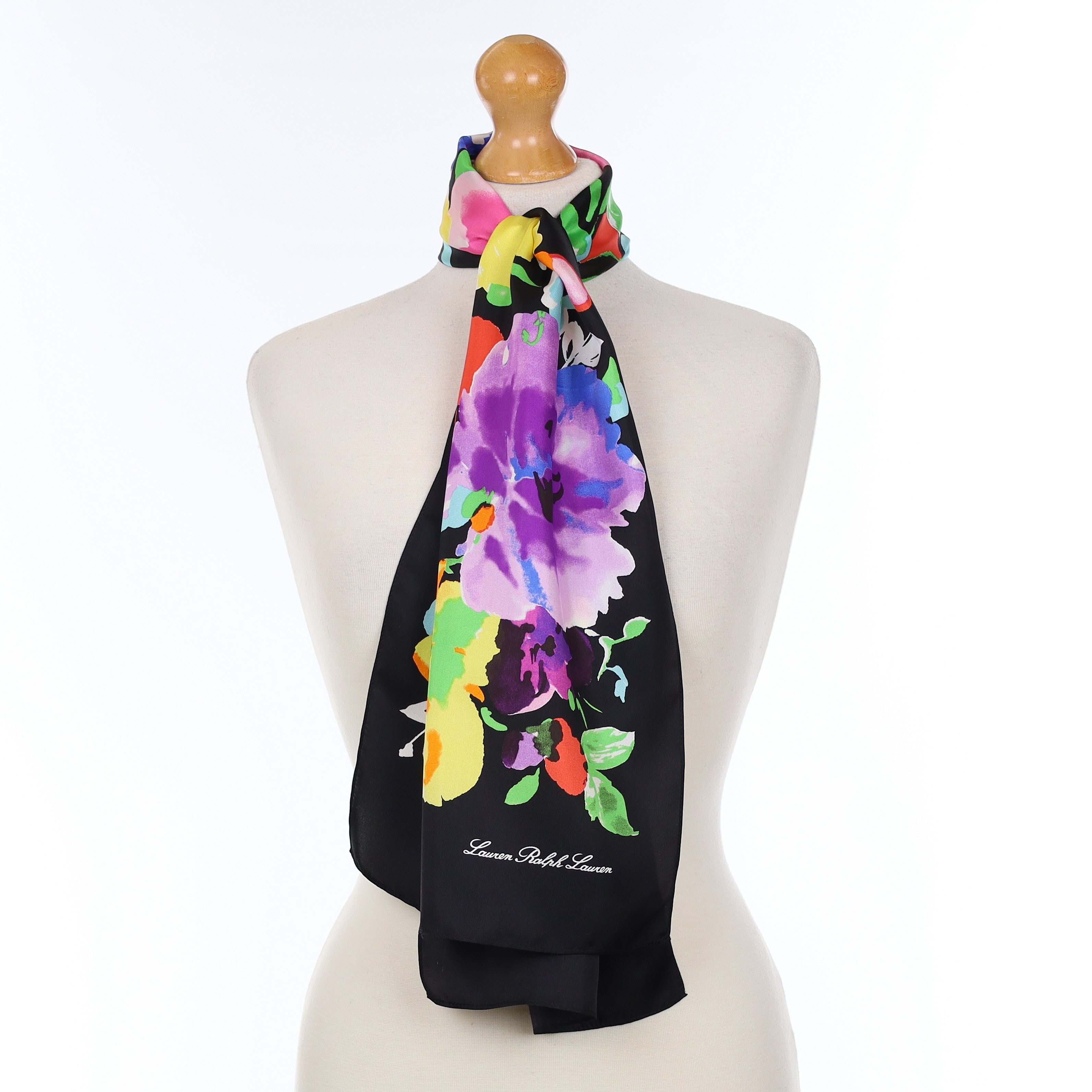 Lauren Ralph Lauren Black Floral Design Silk Scarf
