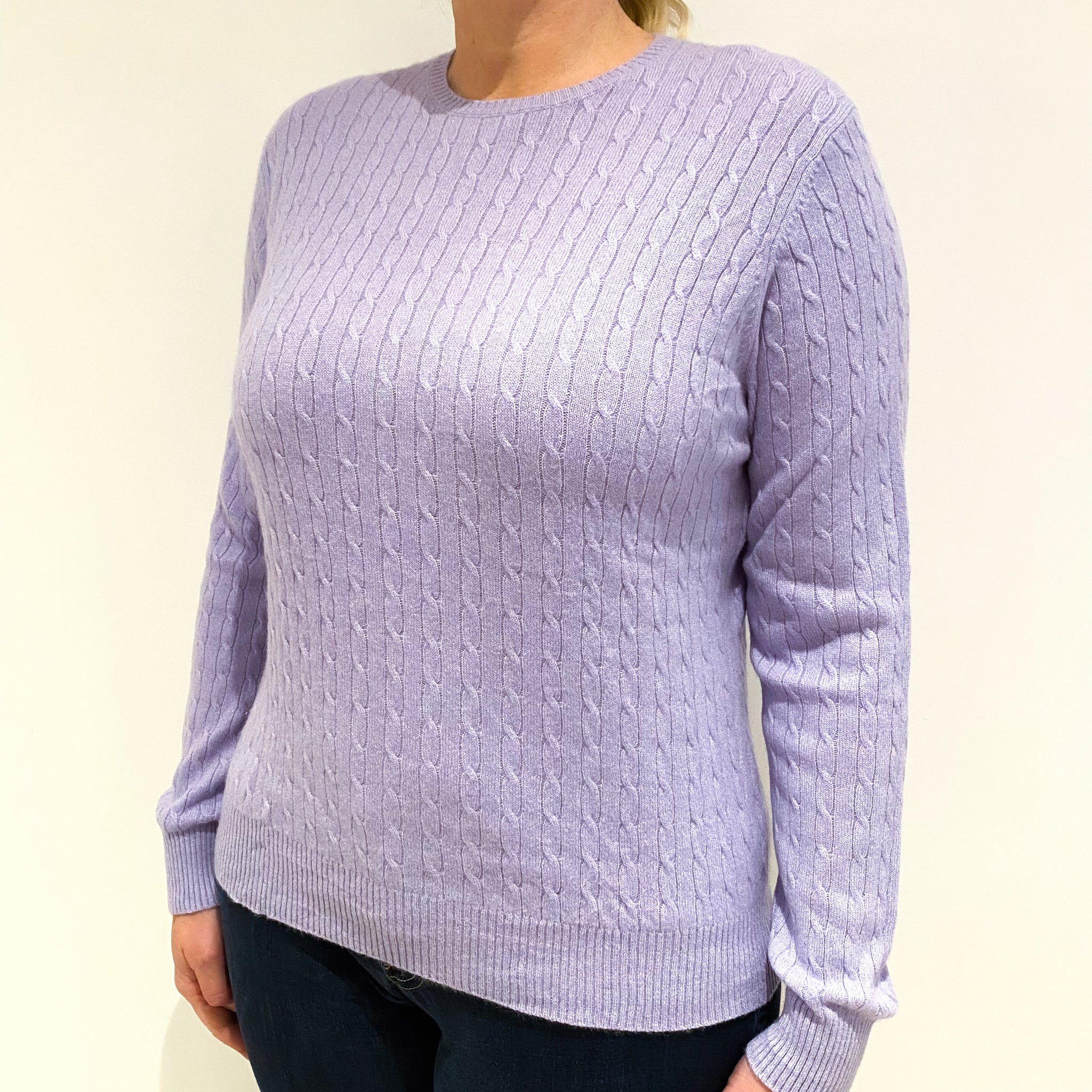 Lavender Purple Cable Knit Cashmere Crew Neck Jumper Large