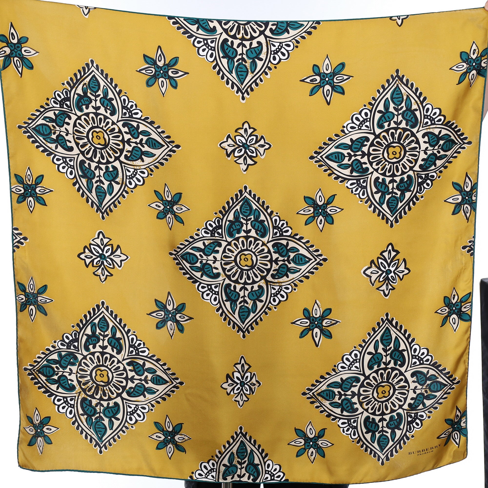 Designer Burberry Ochre, Teal and and Black Silk Scarf