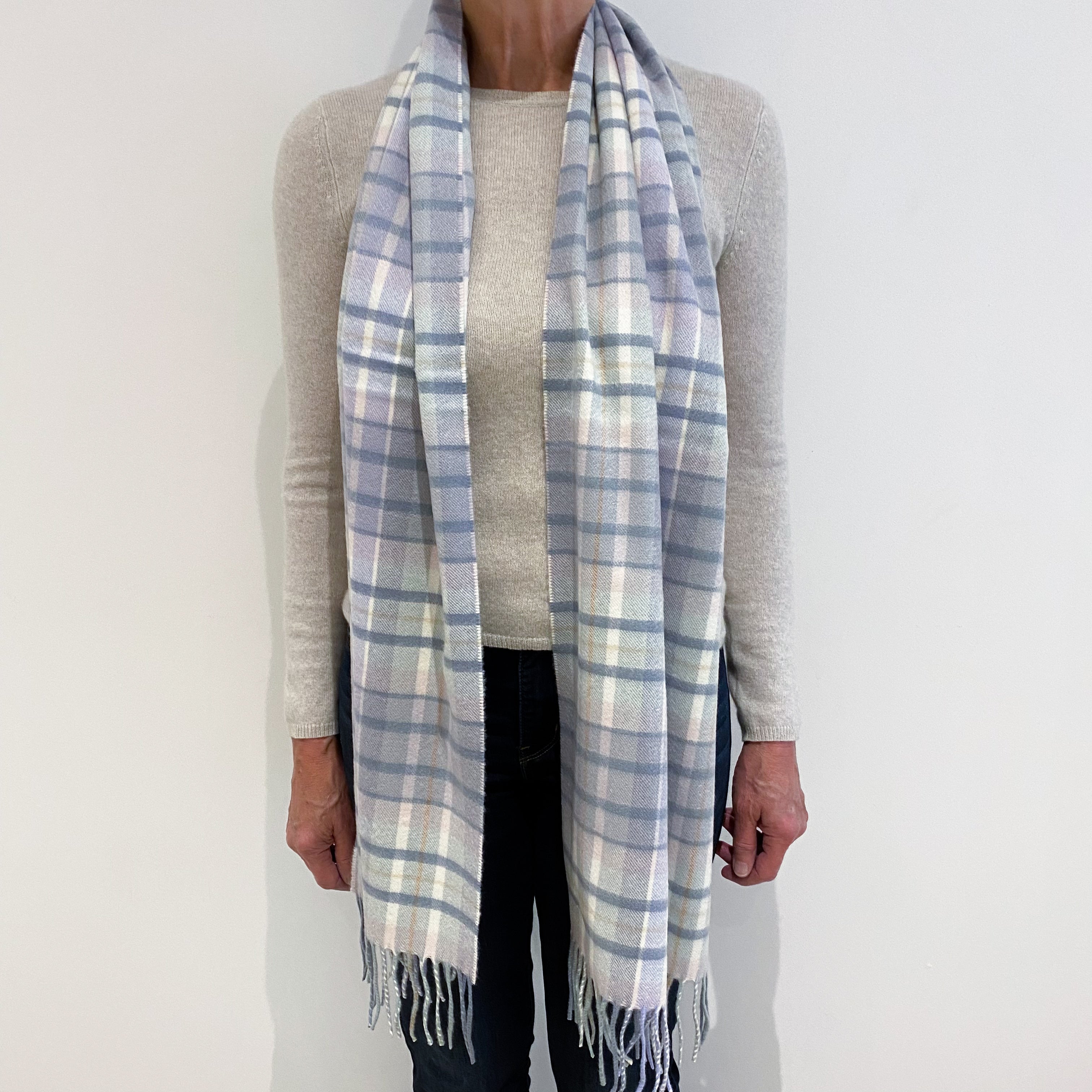 Brand New Scottish Pastel Green and Purple Woven Cashmere Scarf