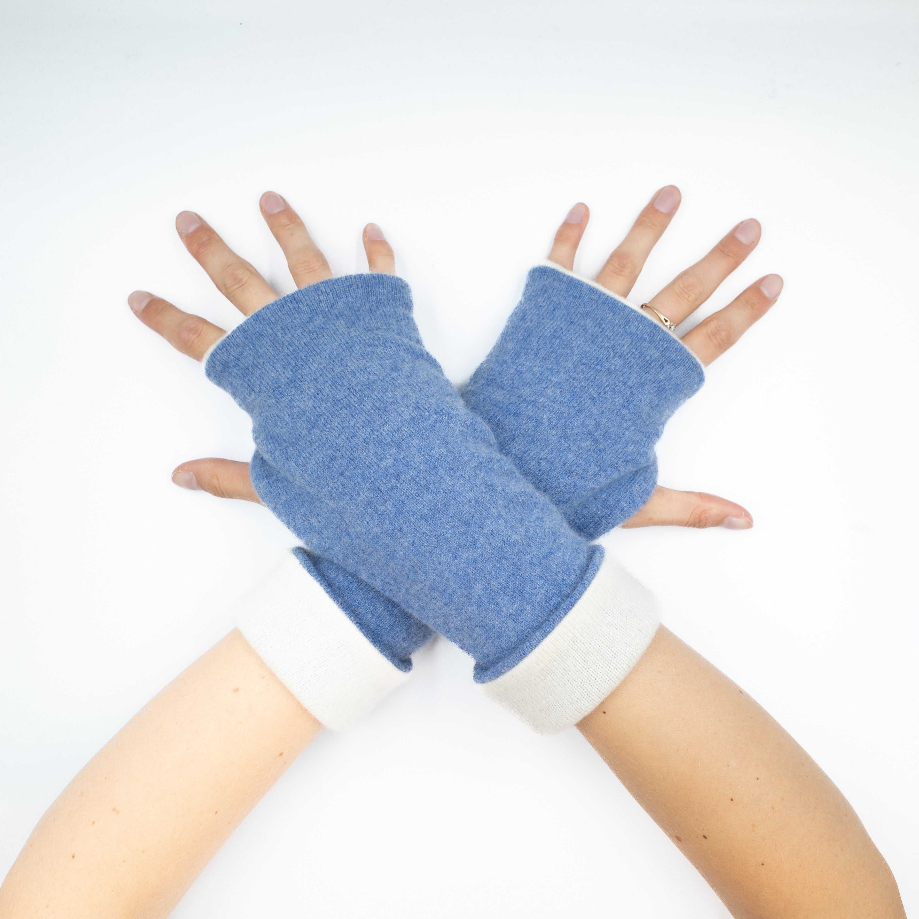 Sky Blue and Cream Reversible Fingerless Gloves