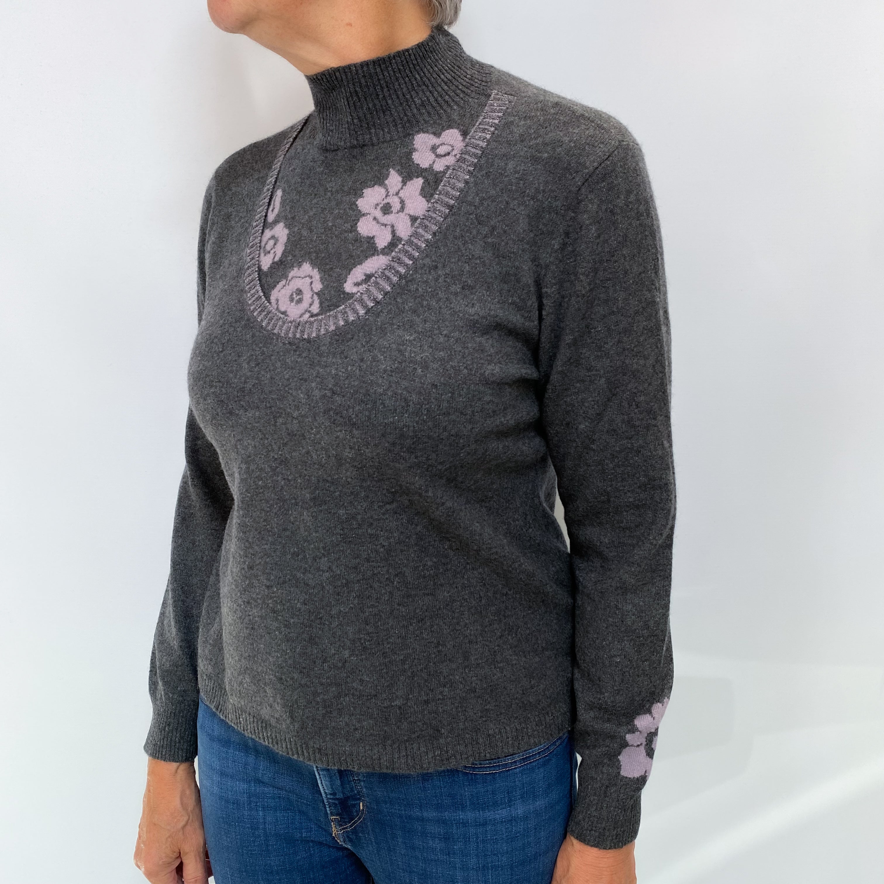 Slate Grey Floral Cashmere Turtle Neck Jumper Medium