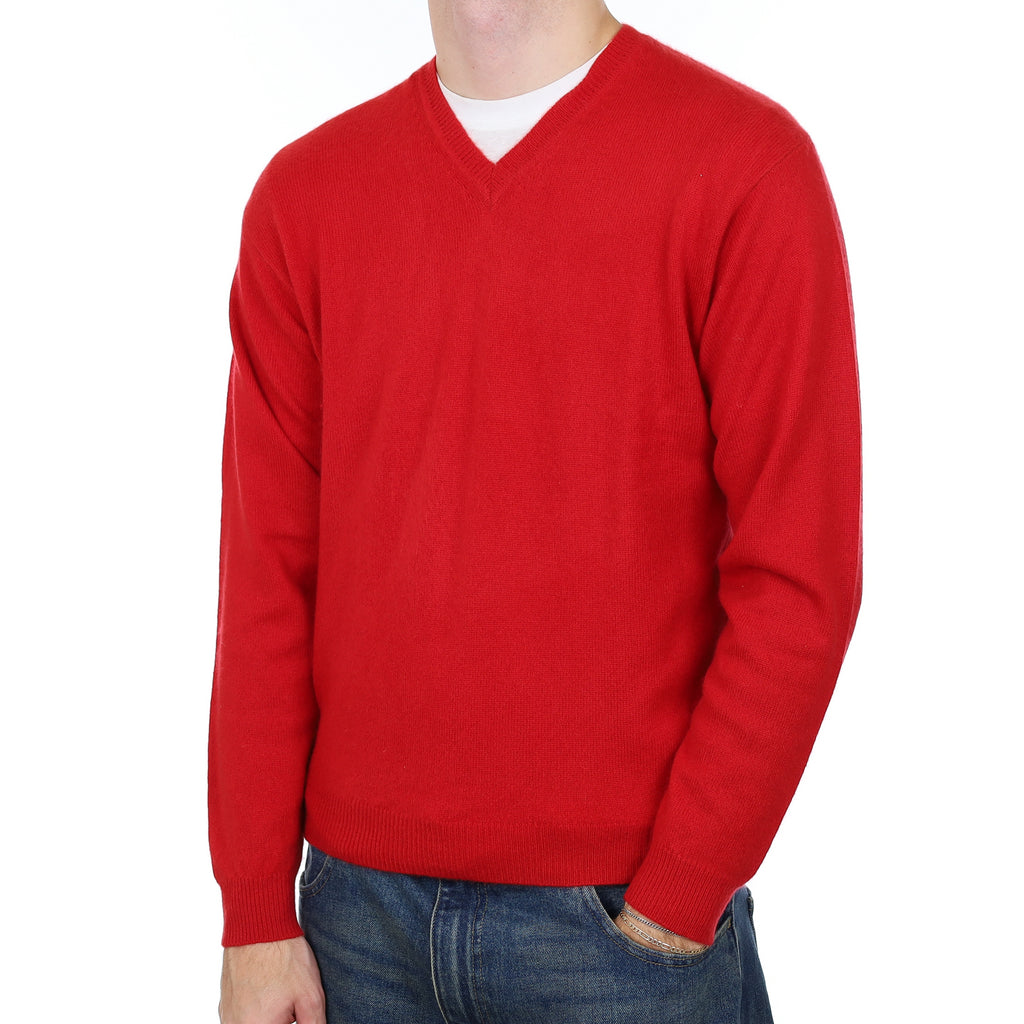 Men’s Post Box Red Cashmere V Neck Jumper Medium