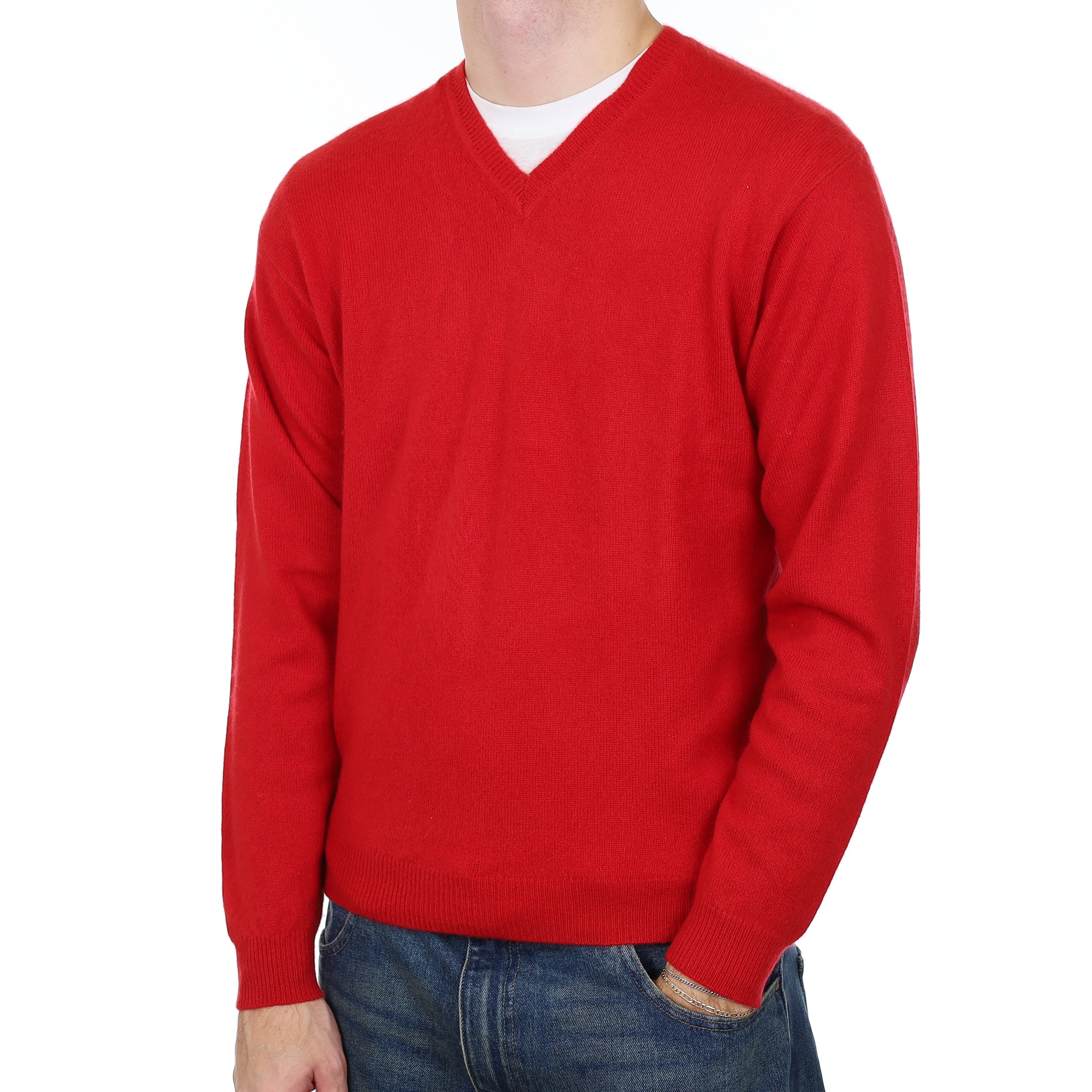 Men’s Post Box Red Cashmere V Neck Jumper Medium