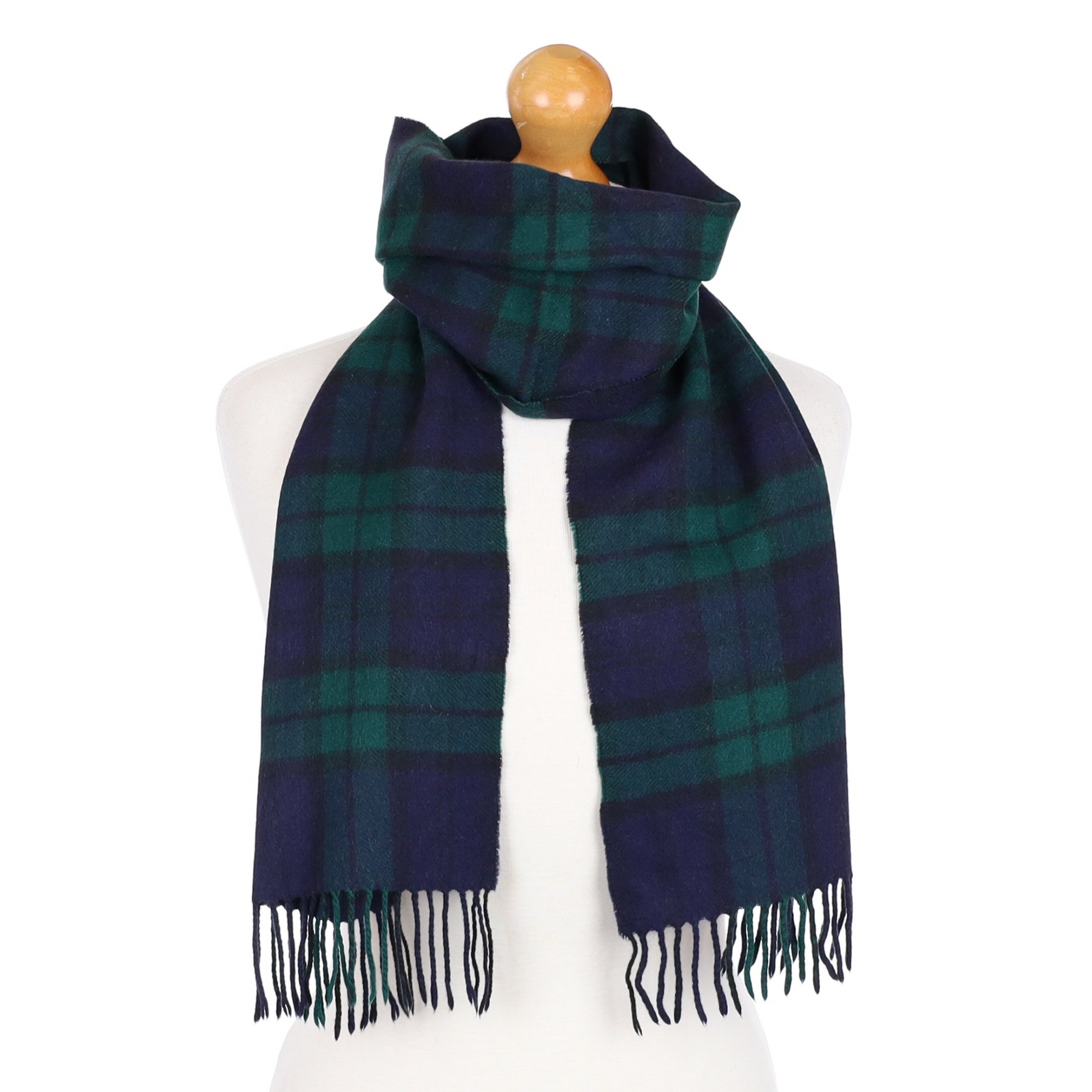 Navy and Green Checked Cashmere Fringed Woven Scarf