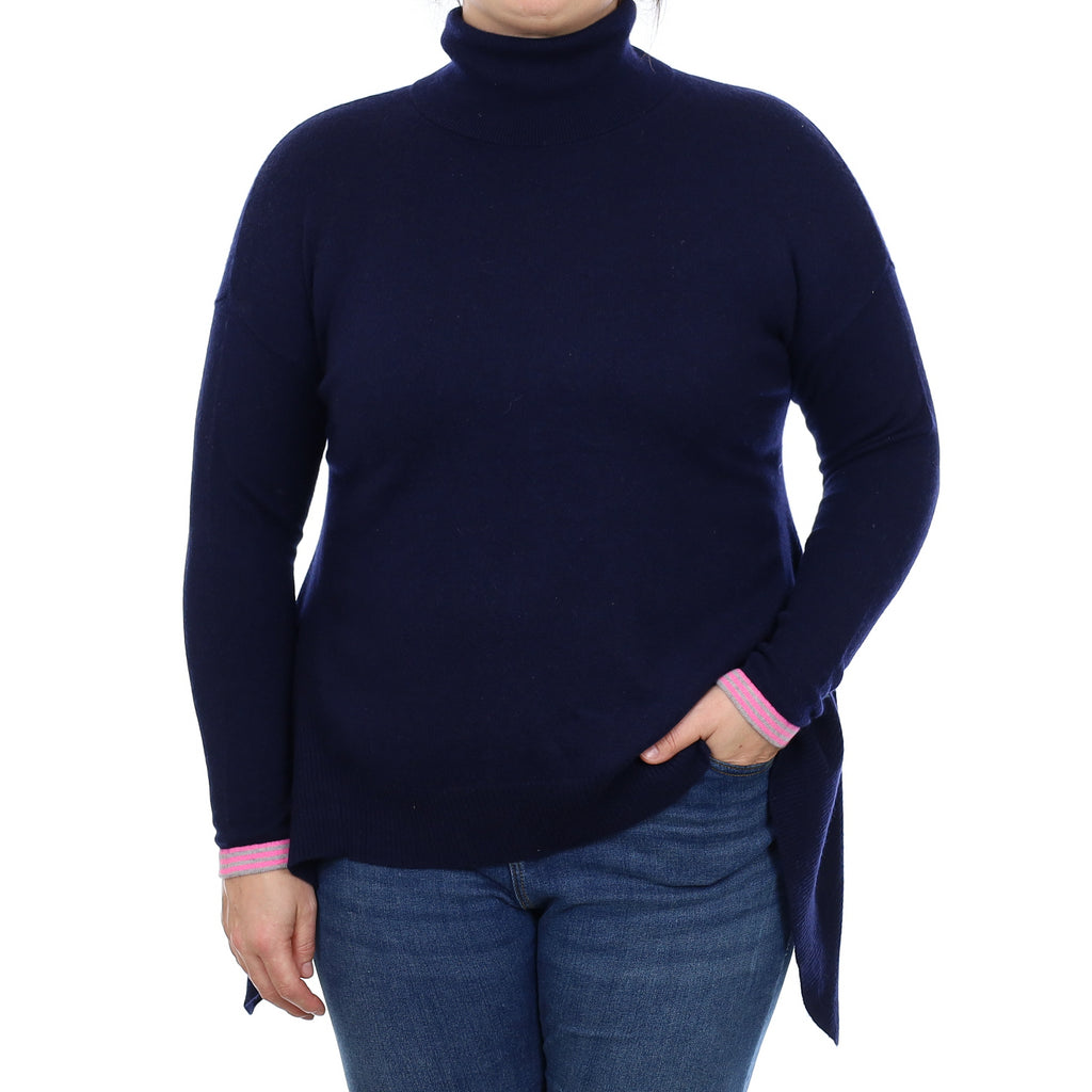 Cocoa Cashmere Navy Cashmere Asymmetric Polo Neck Tunic Jumper Large