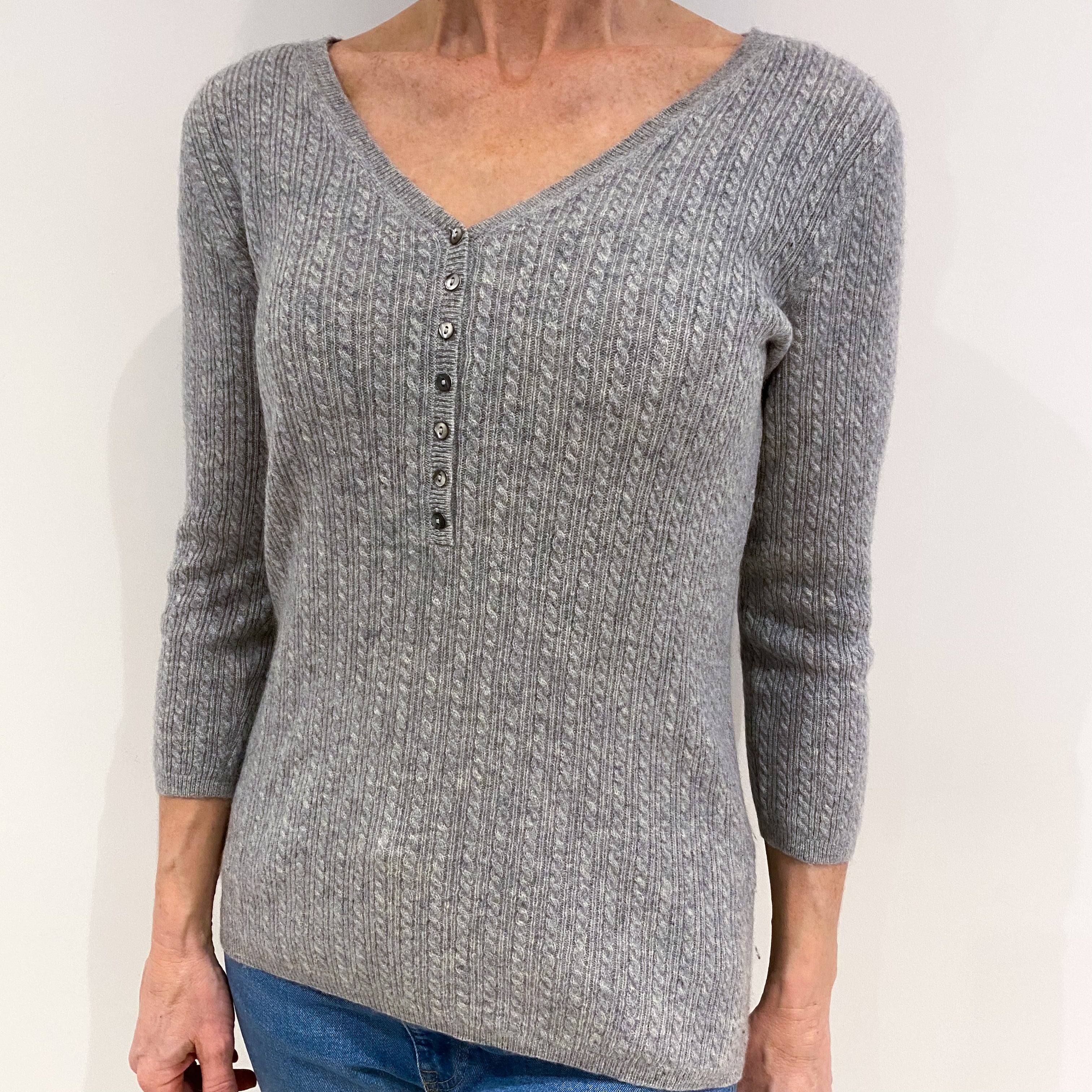 Smoke Grey Cable Cashmere Buttoned V Neck Jumper Small