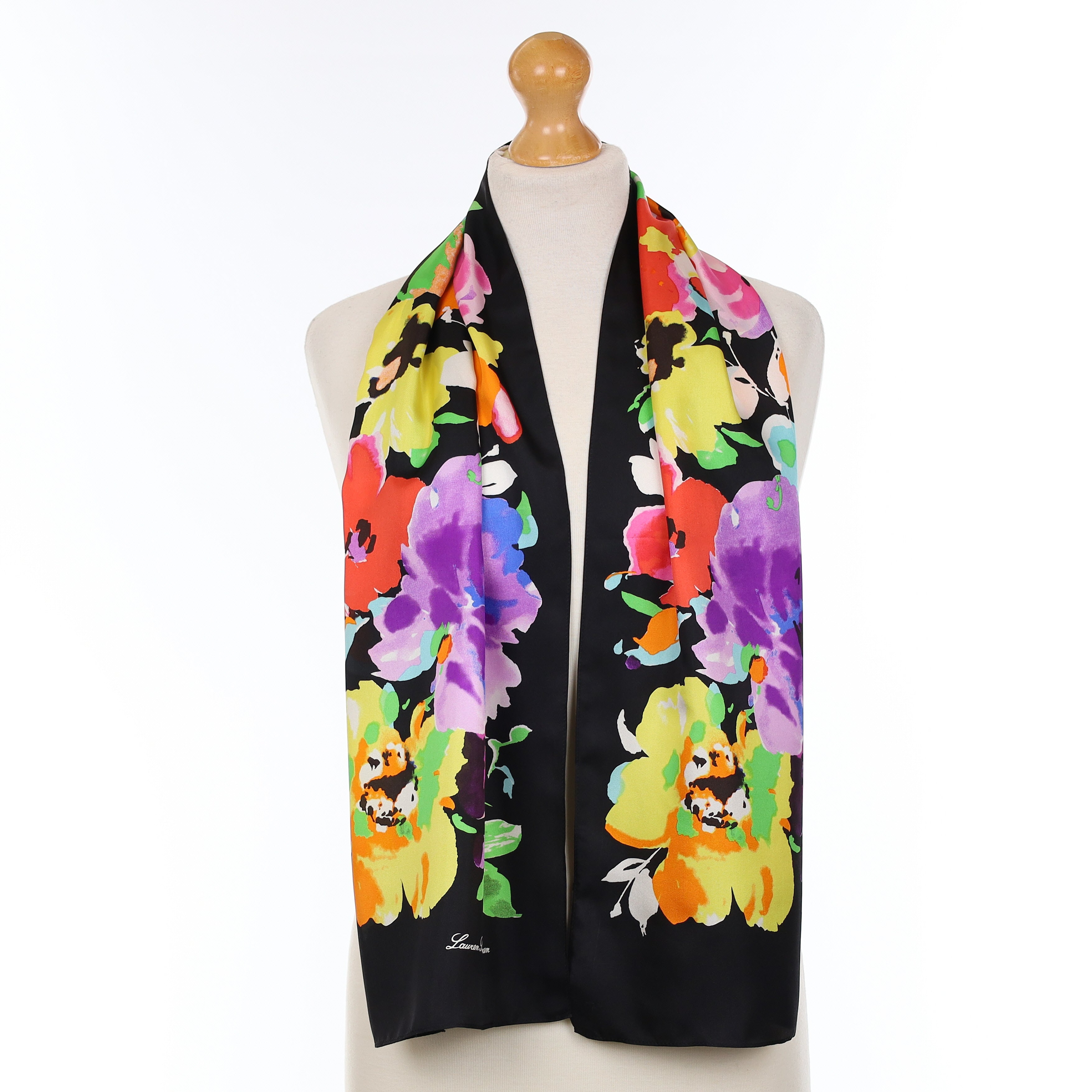 Lauren Ralph Lauren Black Floral Design Silk Scarf