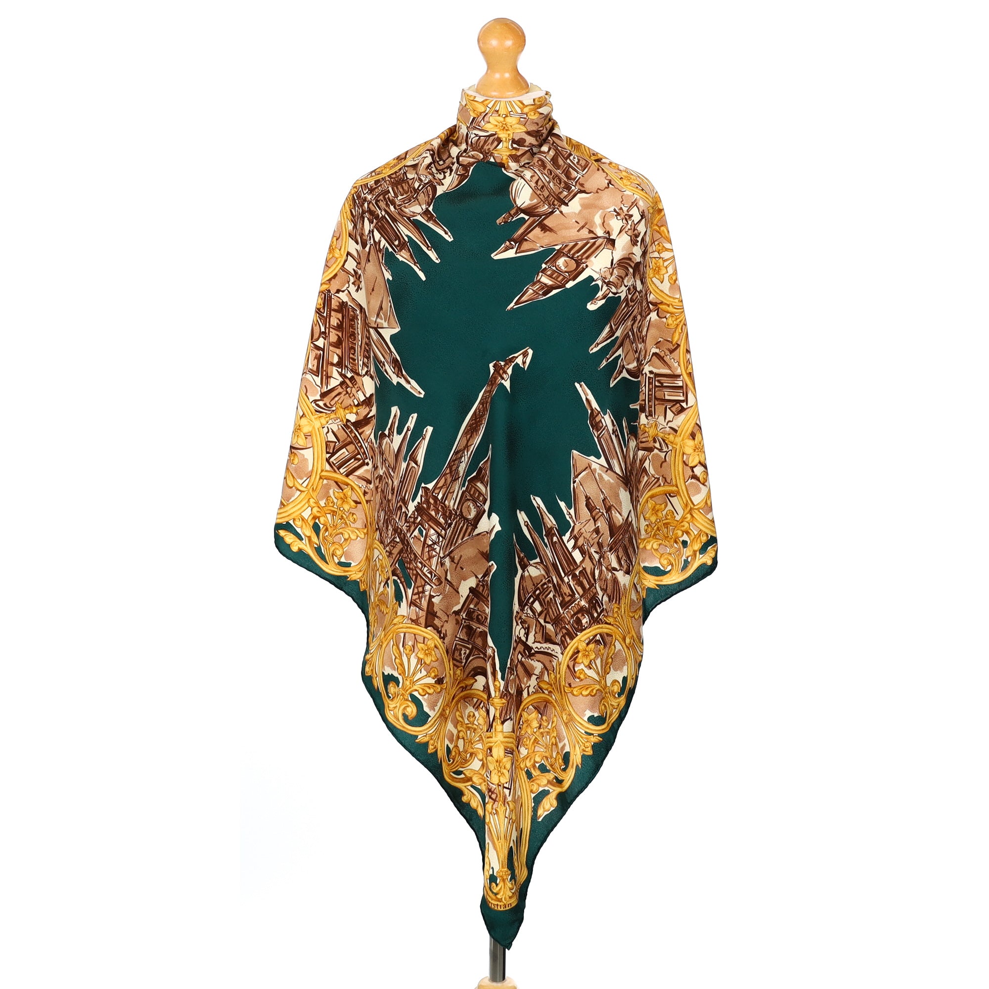 Christian Dior Landmarks Green and Yellow Vintage Silk Scarf