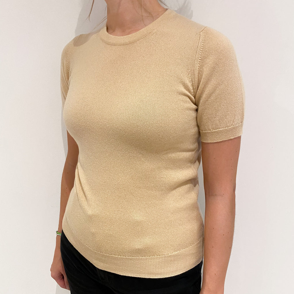 Brand New Scottish Warm Beige Short Sleeved Cashmere Crew Neck Jumper Small