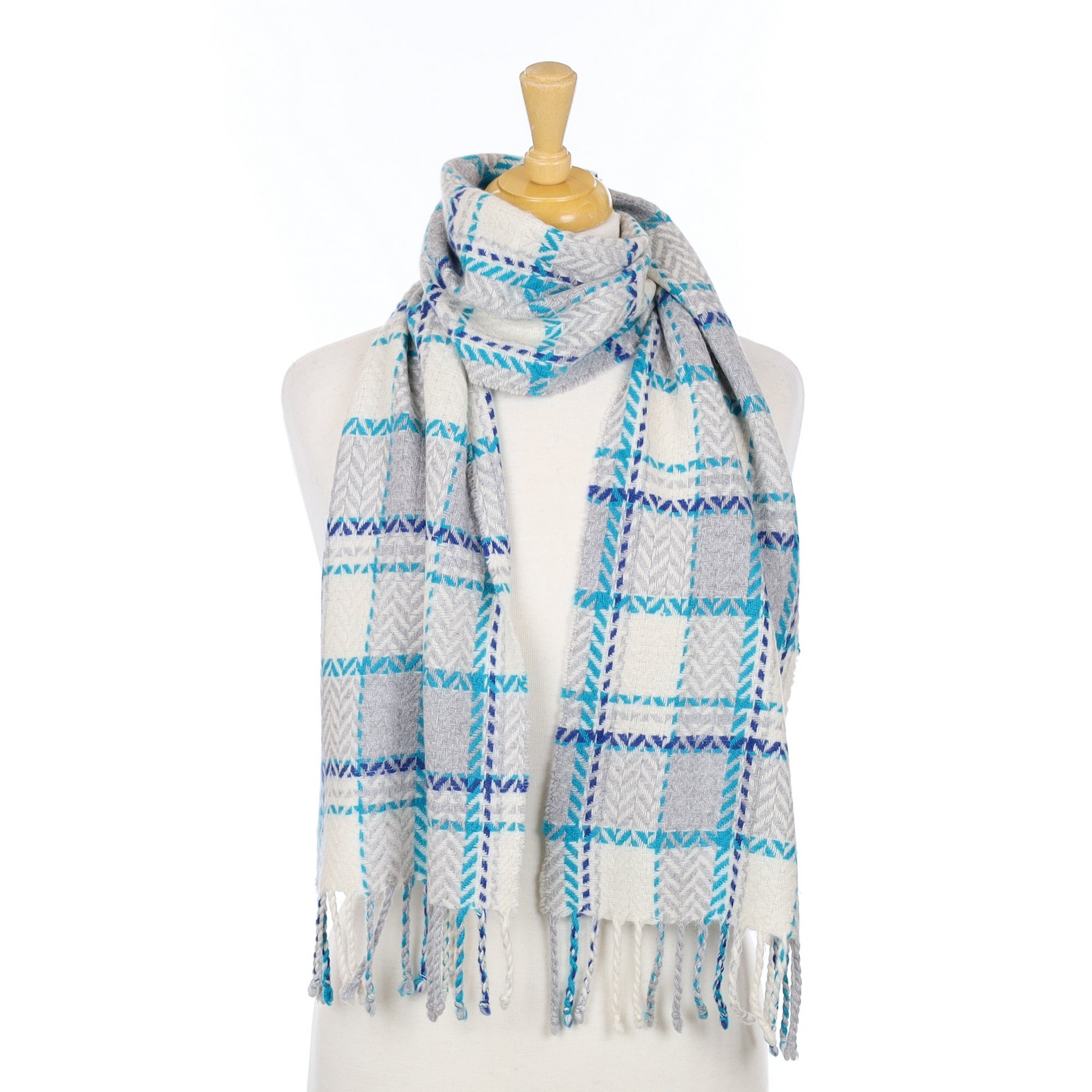 Grey & Turquoise Textured Cashmere Woven Scarf