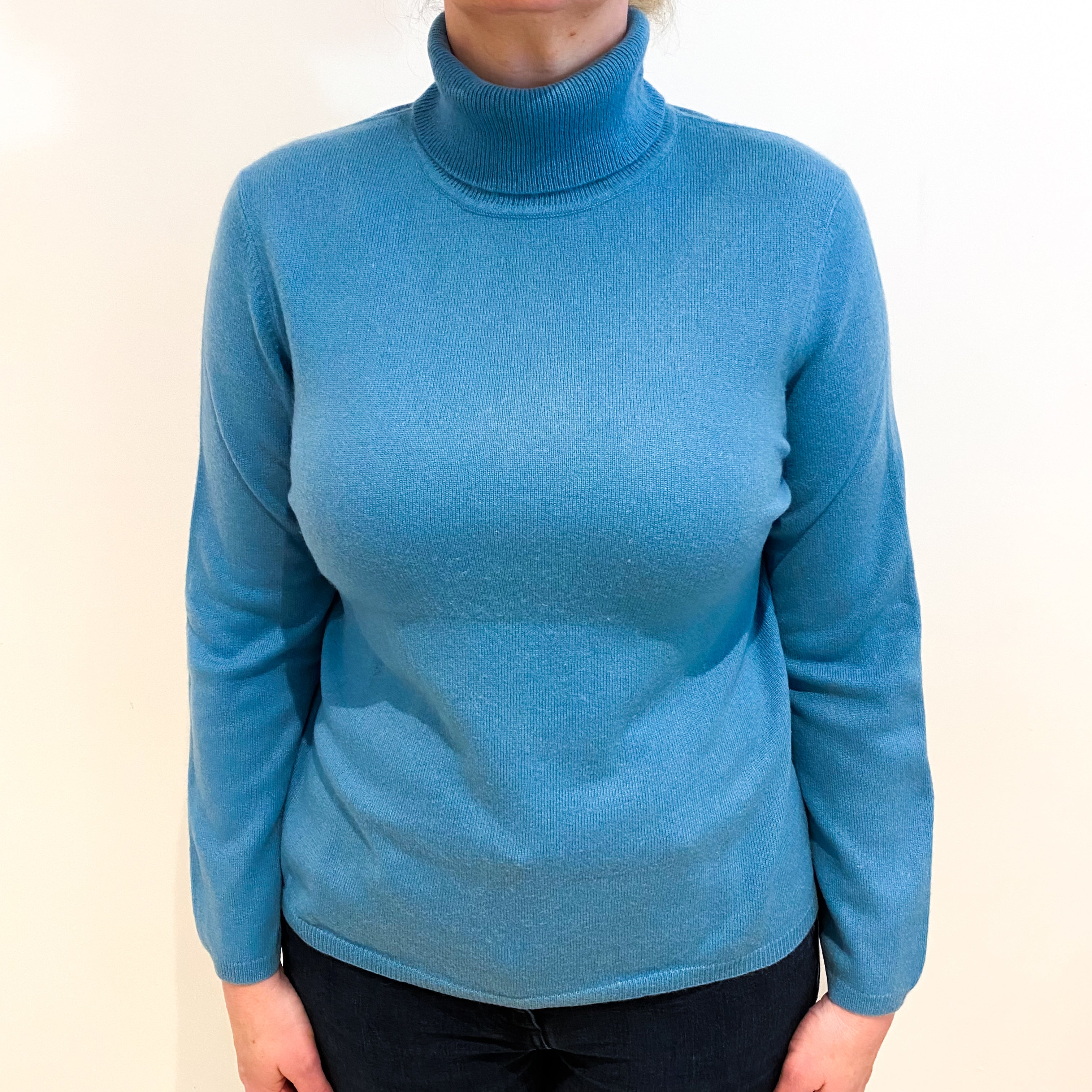 Dusky Aqua Blue Cashmere Polo Neck Jumper Large