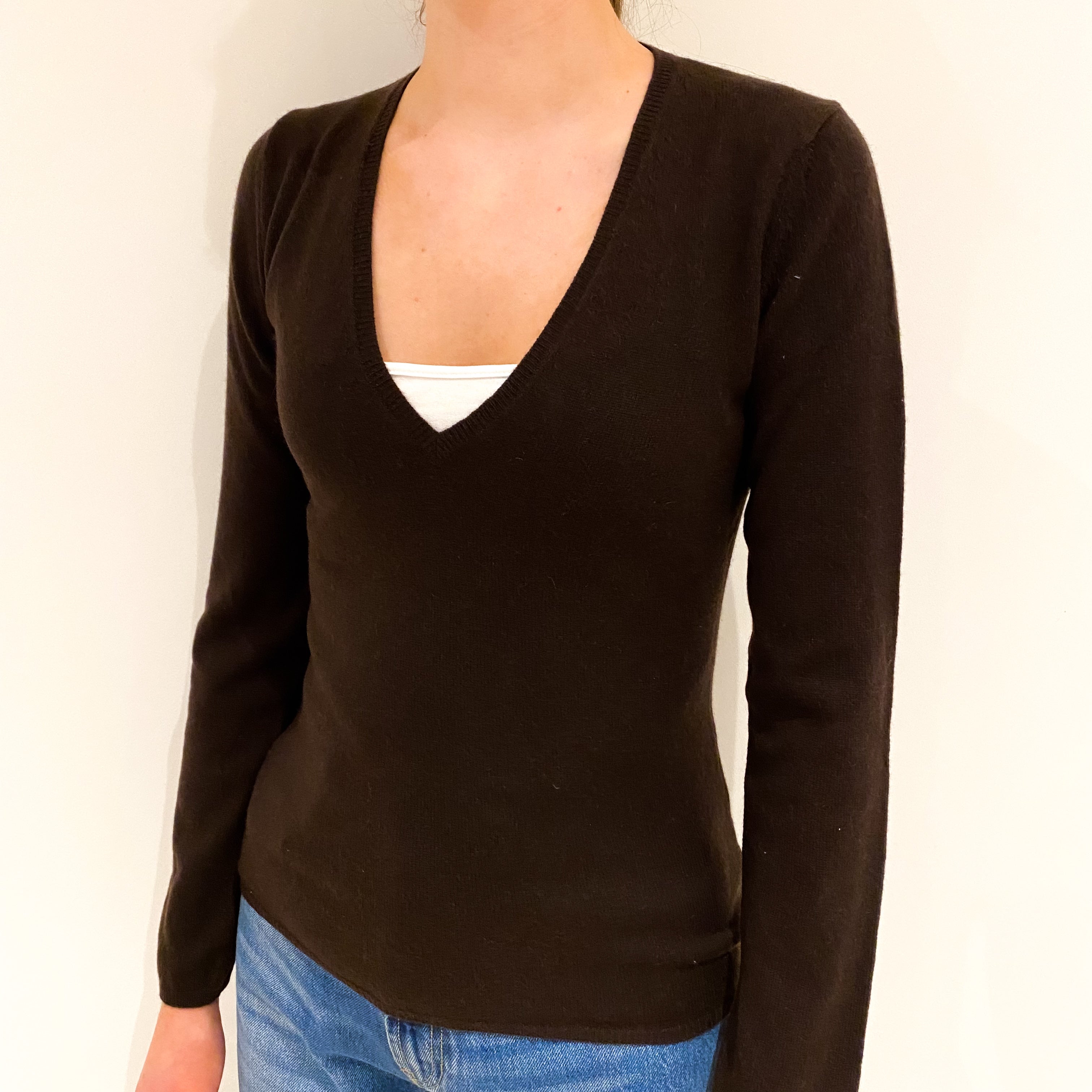 Chocolate Brown Cashmere V-Neck Jumper Extra Small