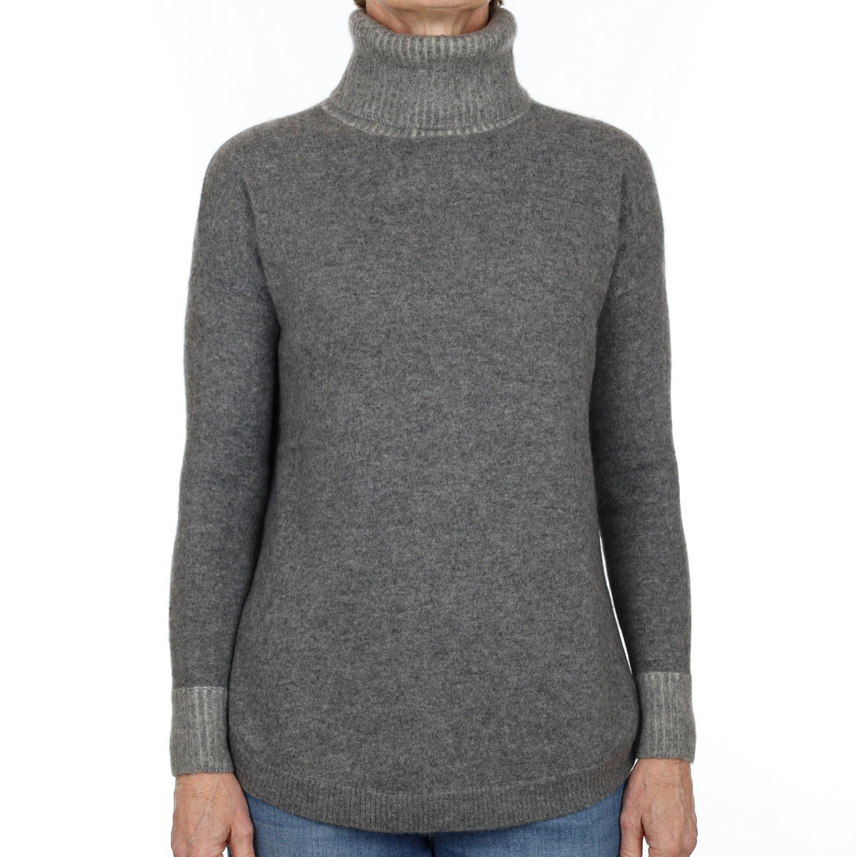 Ash Grey Cashmere Scooped Hem Polo Neck Jumper Small