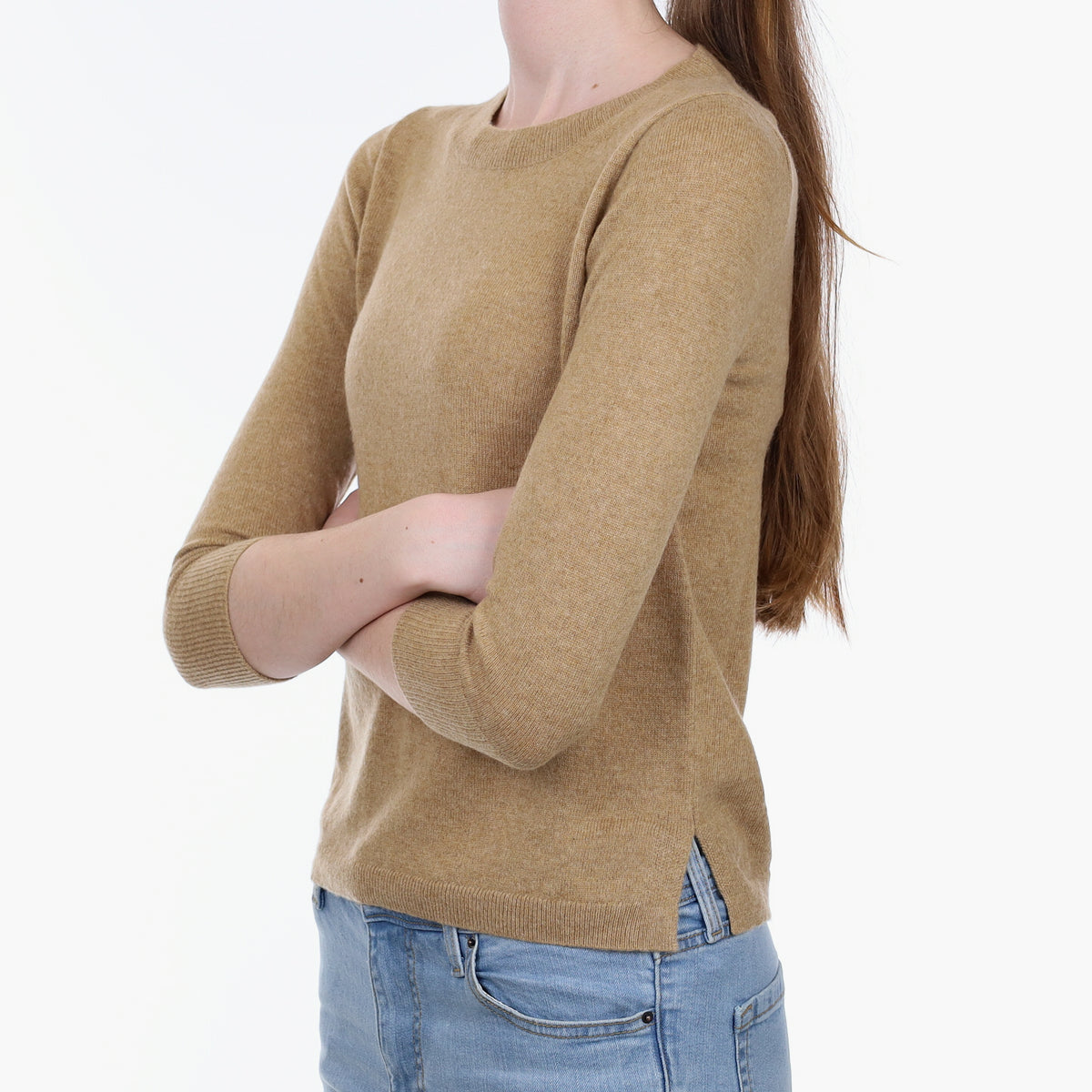 Fudge Brown Cashmere 3/4 Sleeve Crew Neck Jumper Extra Small