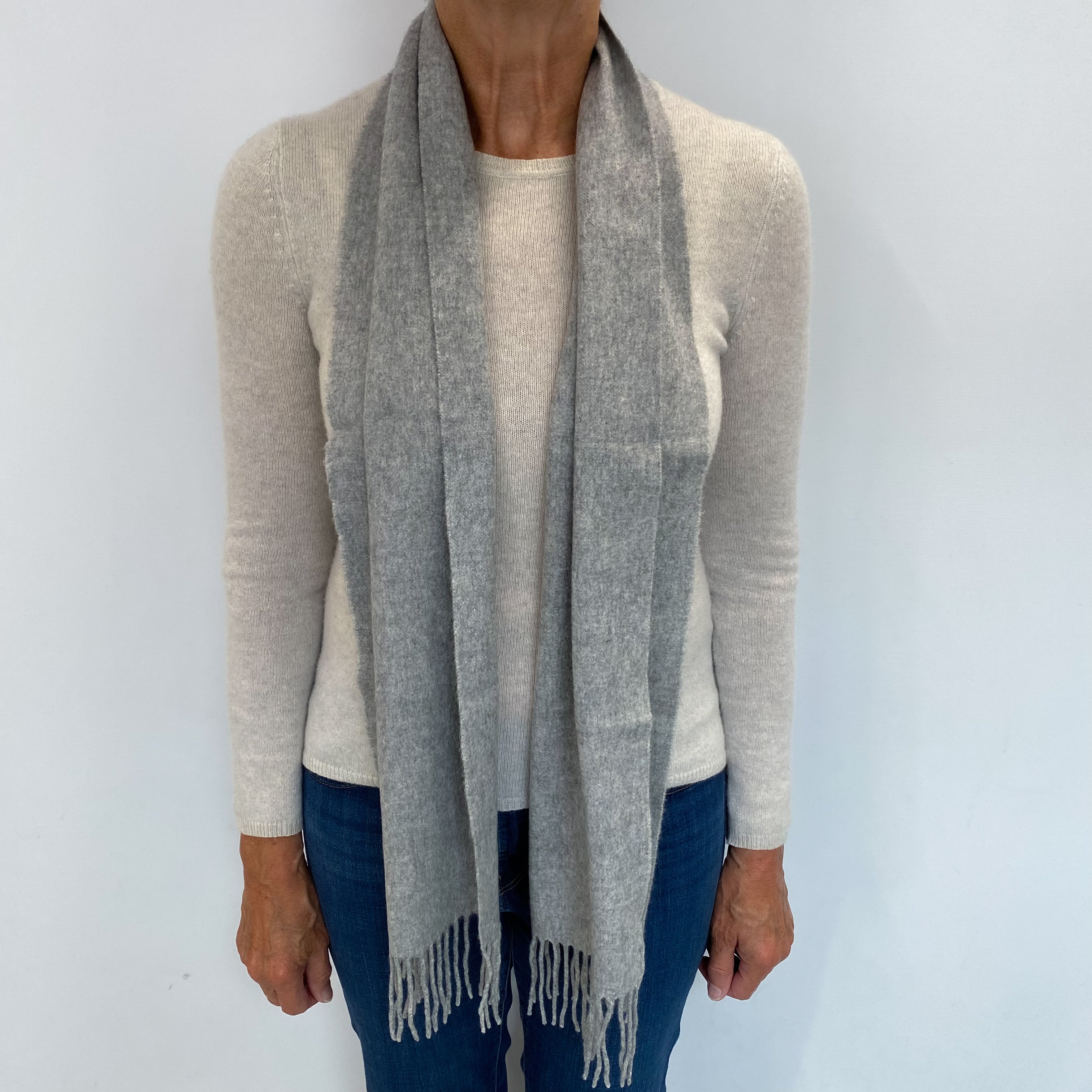 Smoke Grey Cashmere Woven Fringed Scarf