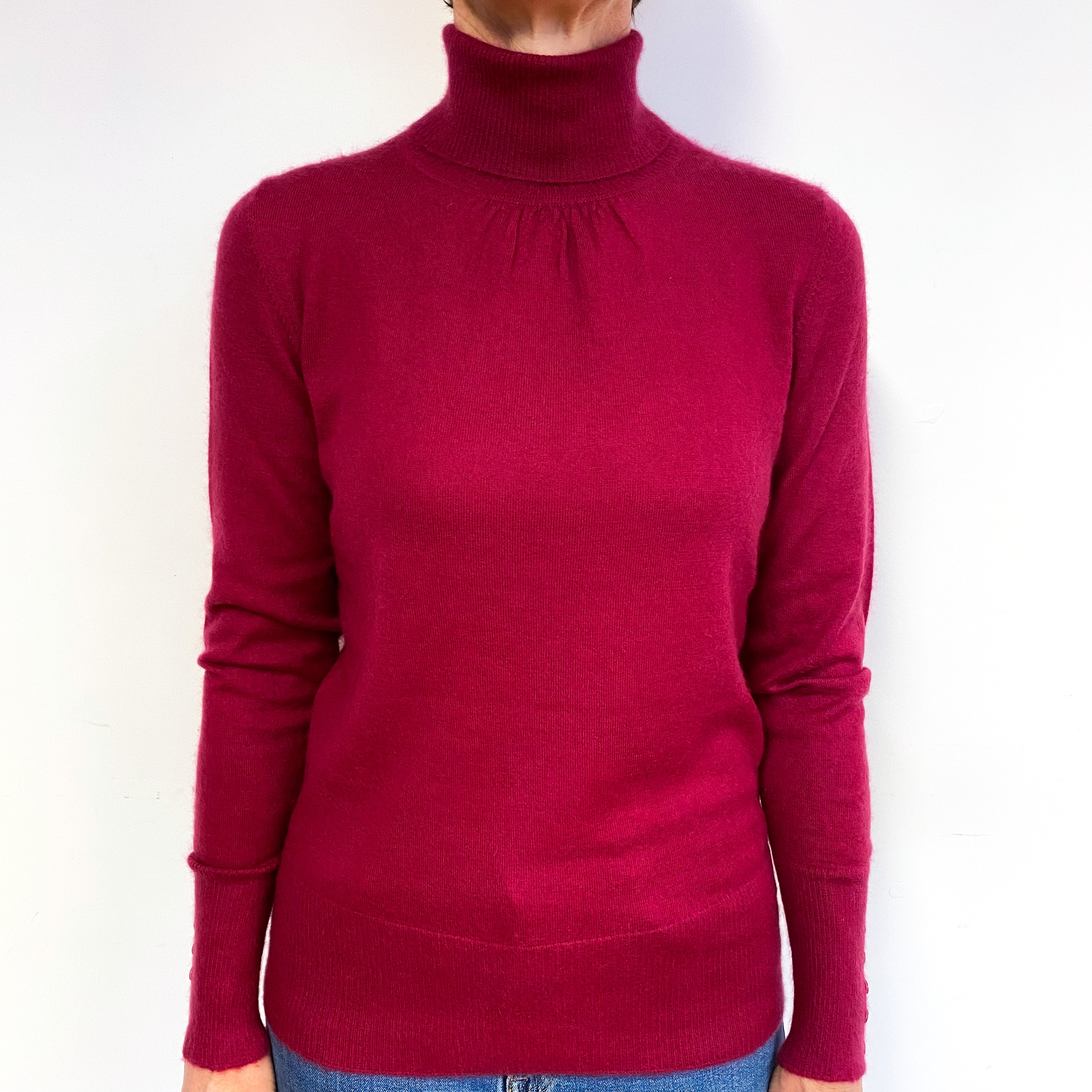 Cherry Red Button Cuff Cashmere Polo Neck Jumper Medium