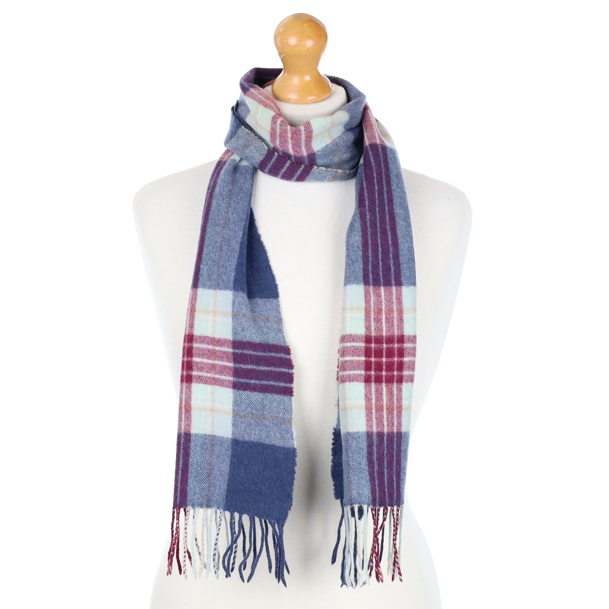 Blue and Plum Checked Cashmere Fringed Woven Scarf