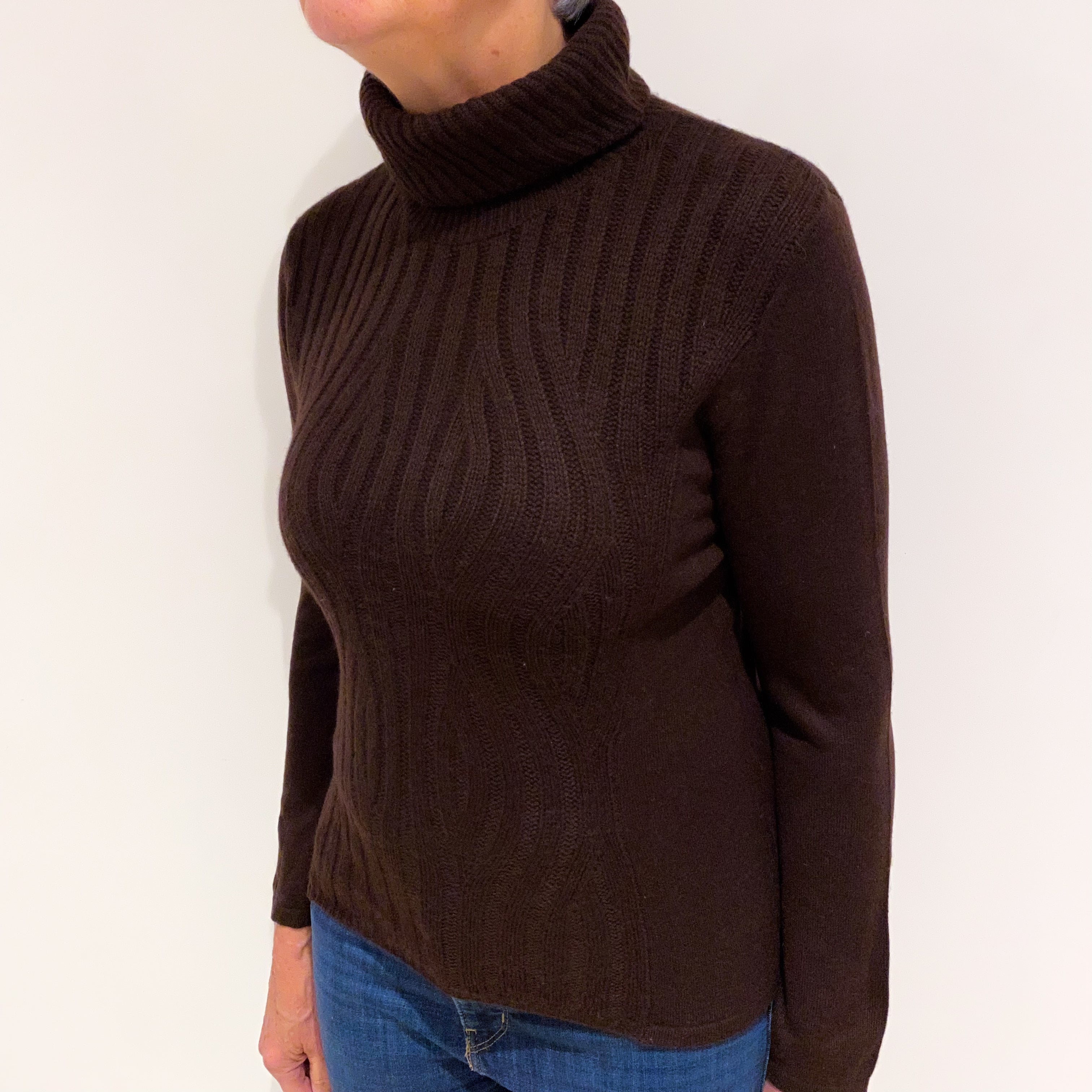 Dark Chocolate Brown Cashmere Polo Neck Jumper Medium