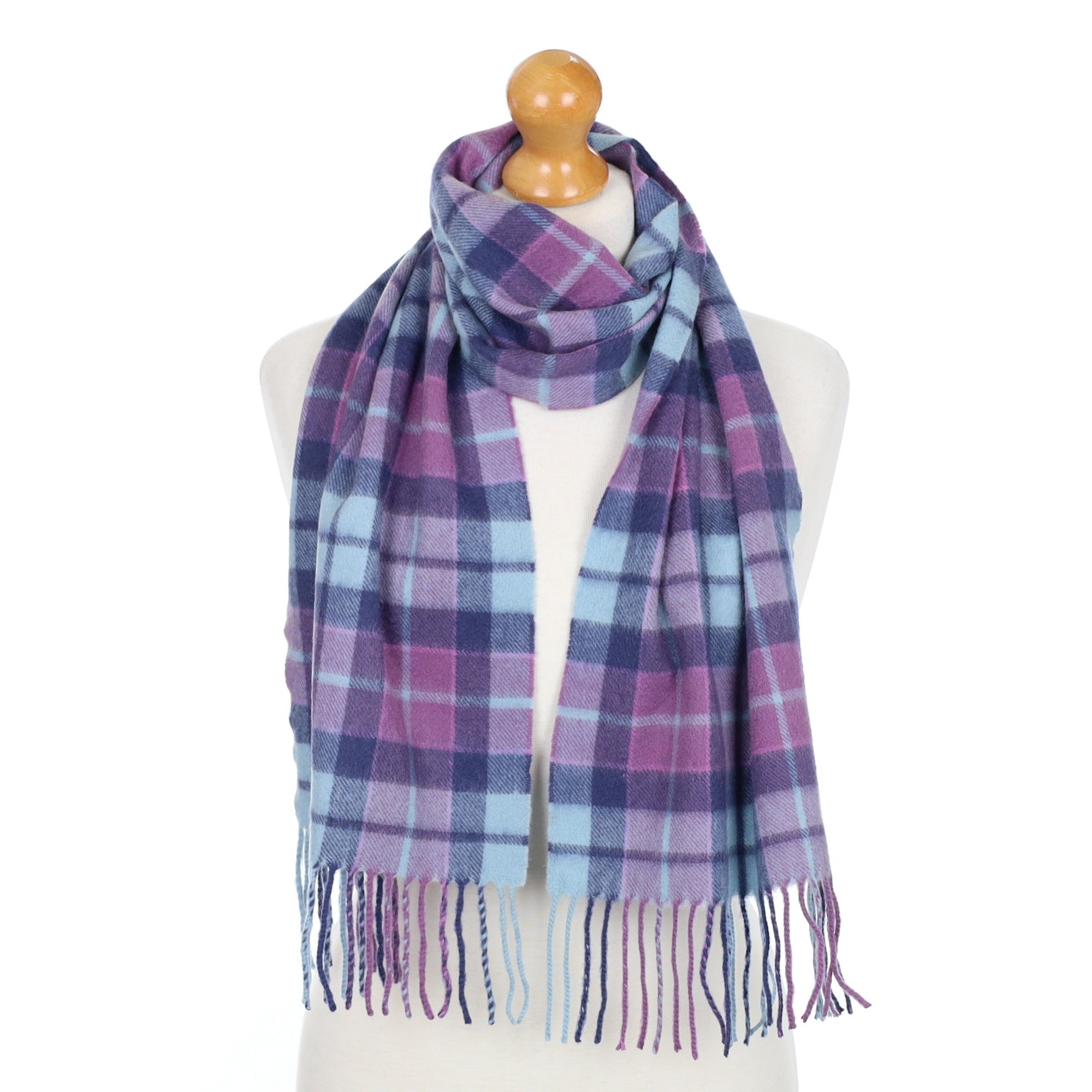 Lilac and Blue Checked Fringed Cashmere Woven Scarf