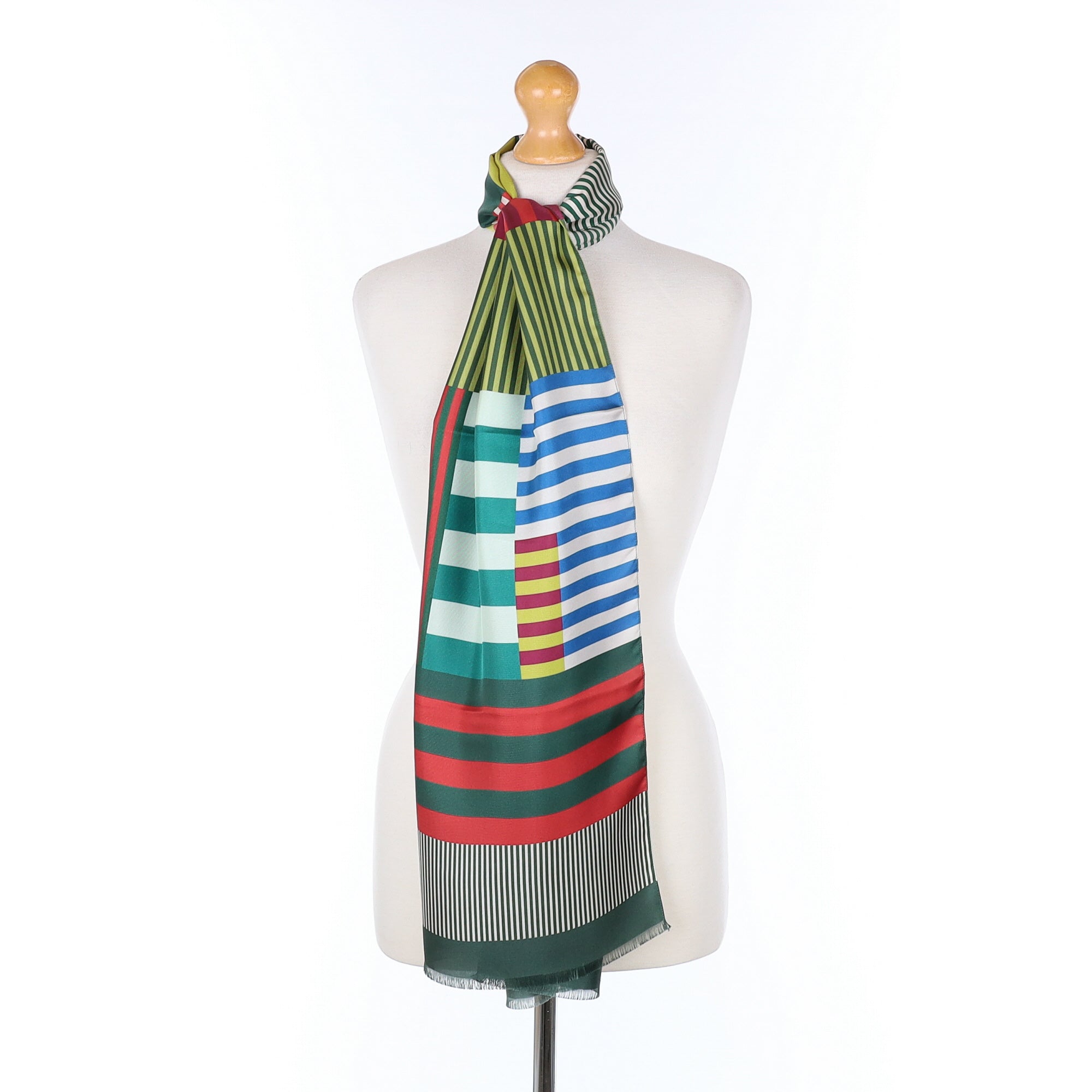 Brand New Italian Green Striped Colour Block Silk Scarf